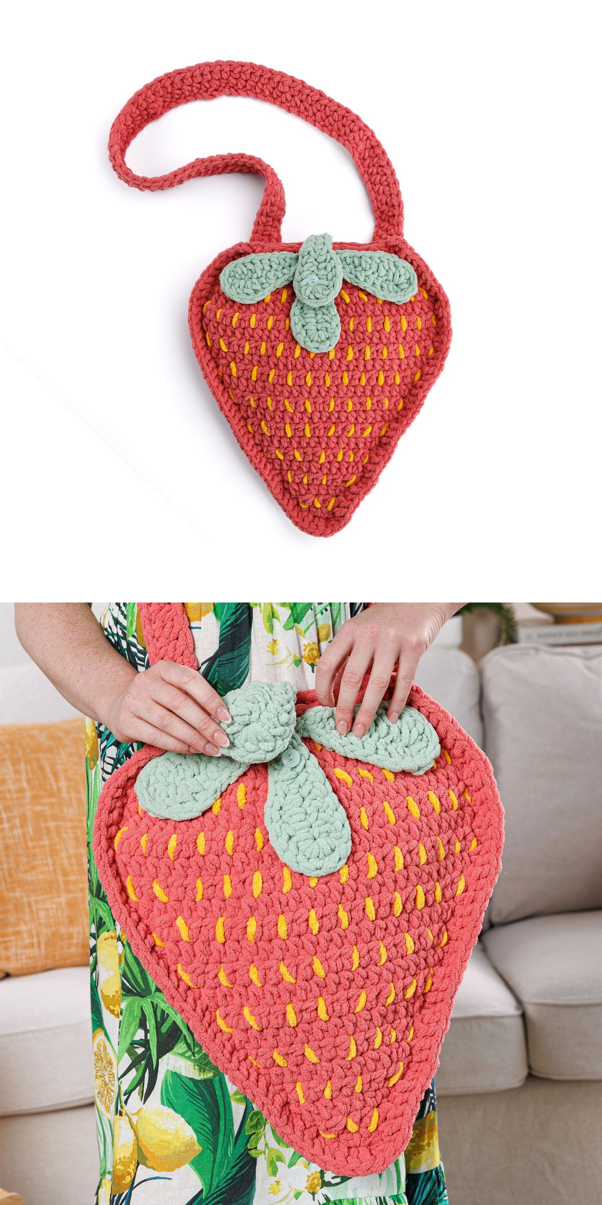 A crochet strawberry bag with green leaves and yellow seed details, shown alone and being held by a person in a patterned dress.