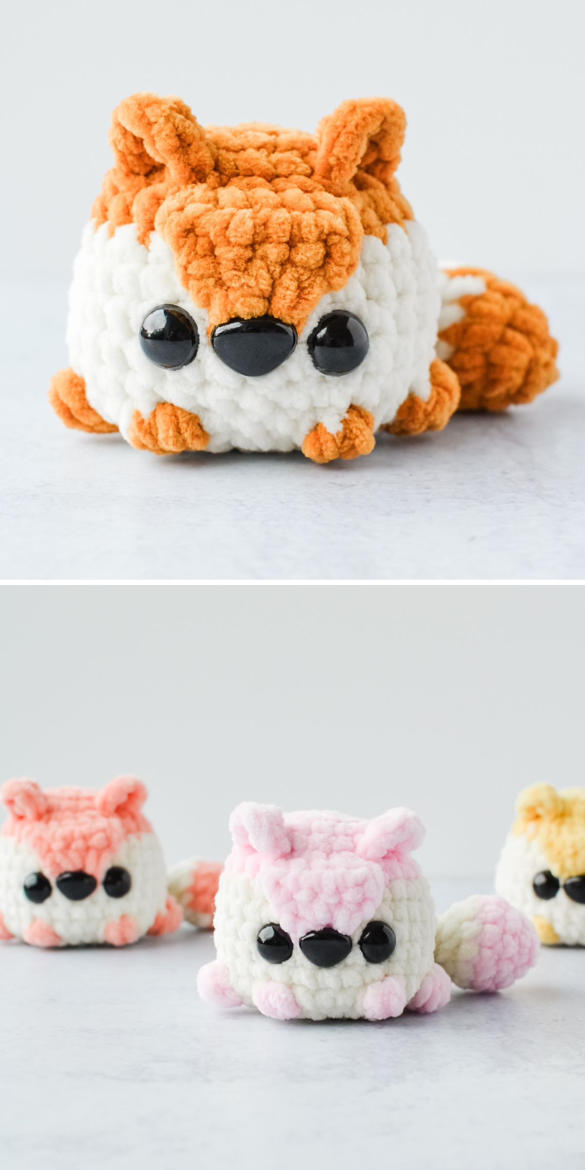 Two photos show plush, crocheted animal toys with big black eyes; the top features an orange crochet fox, while the bottom displays three animals in pink, white, and yellow.