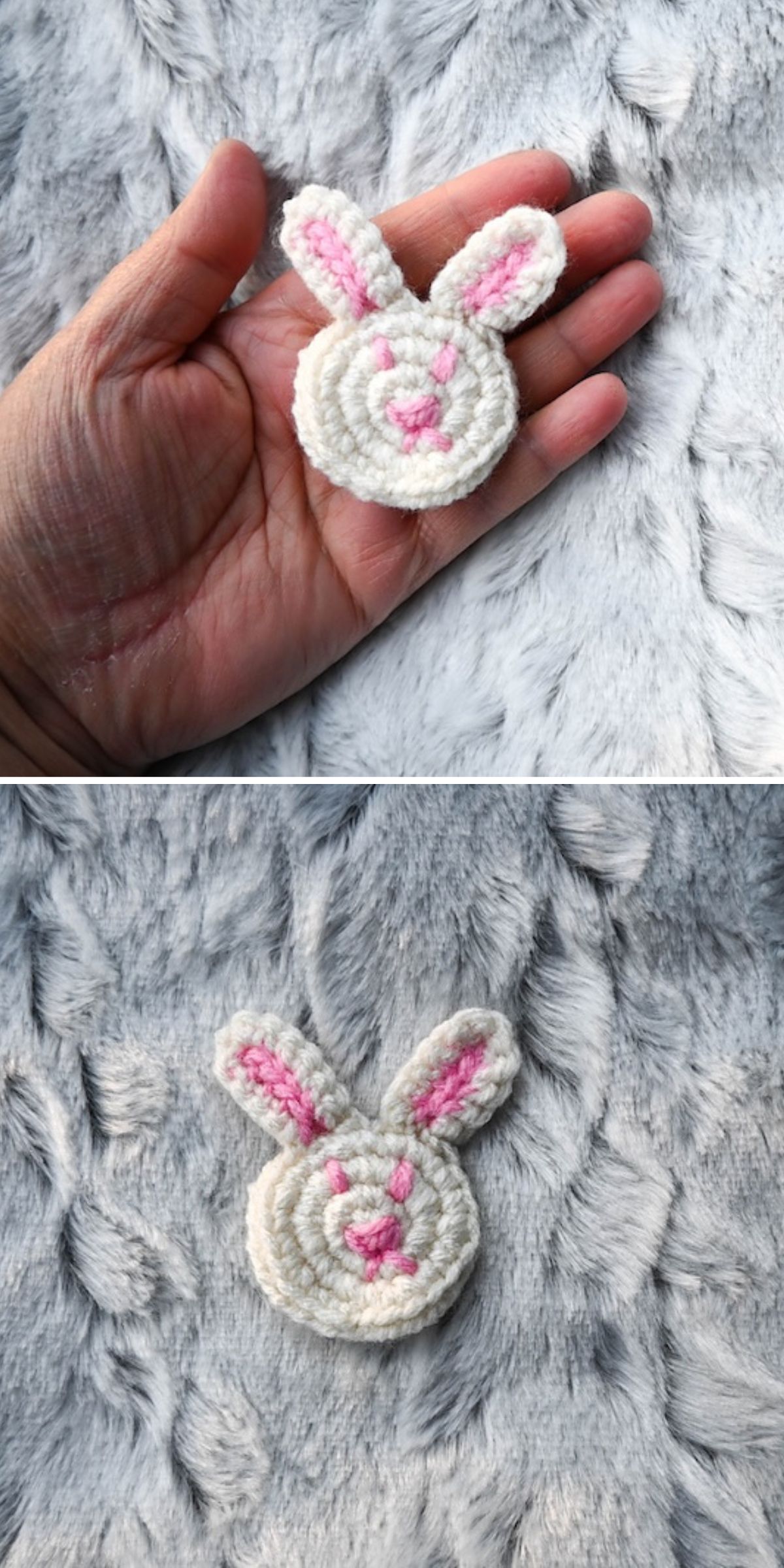 A hand holds a charming crochet bunny face with pink details; in the second image, the same crochet bunny rests on a gray furry surface.