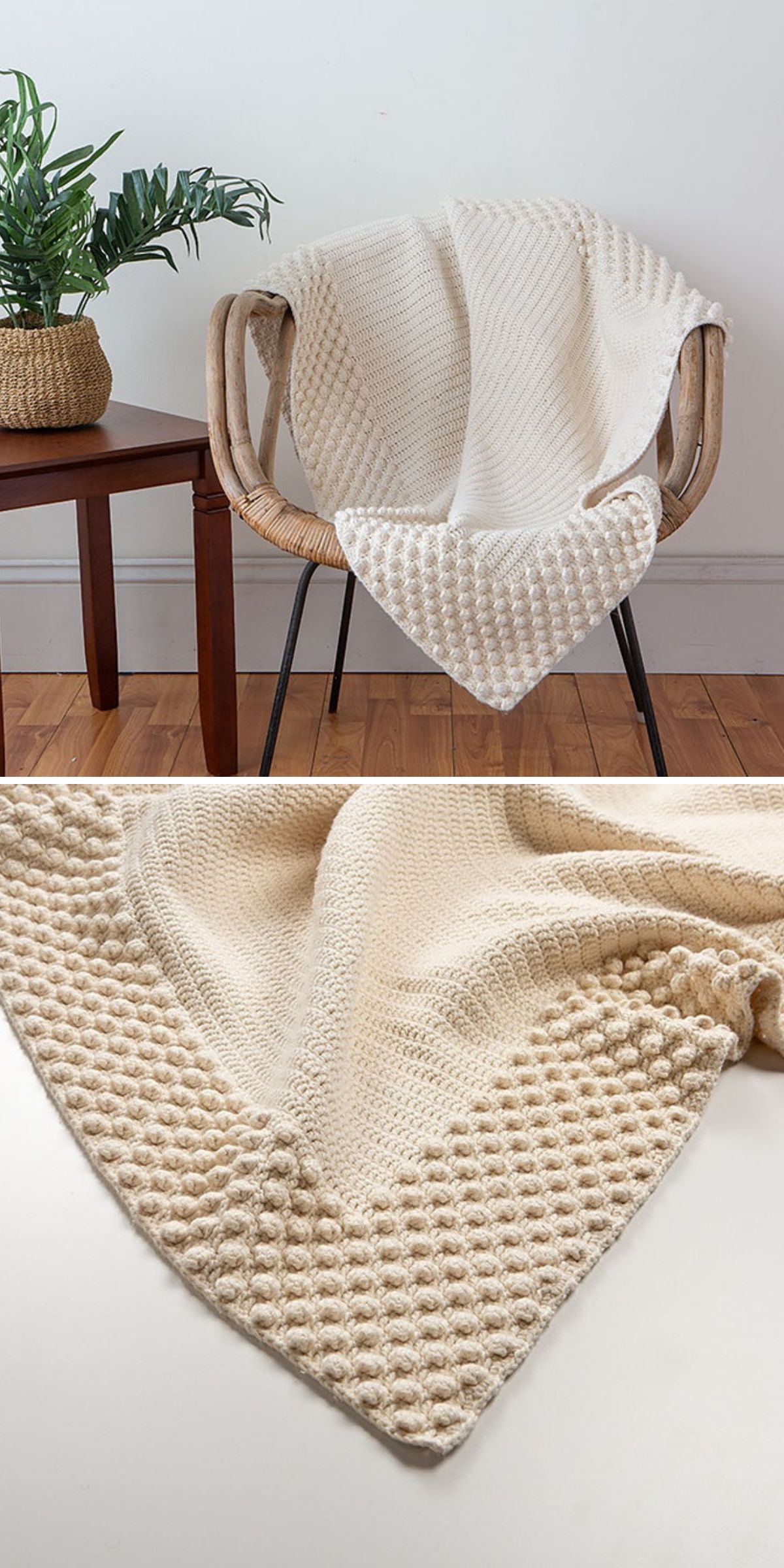 a white crochet throw with a calm center and popcorn stitch wide edging shown over the armchair and lying flat