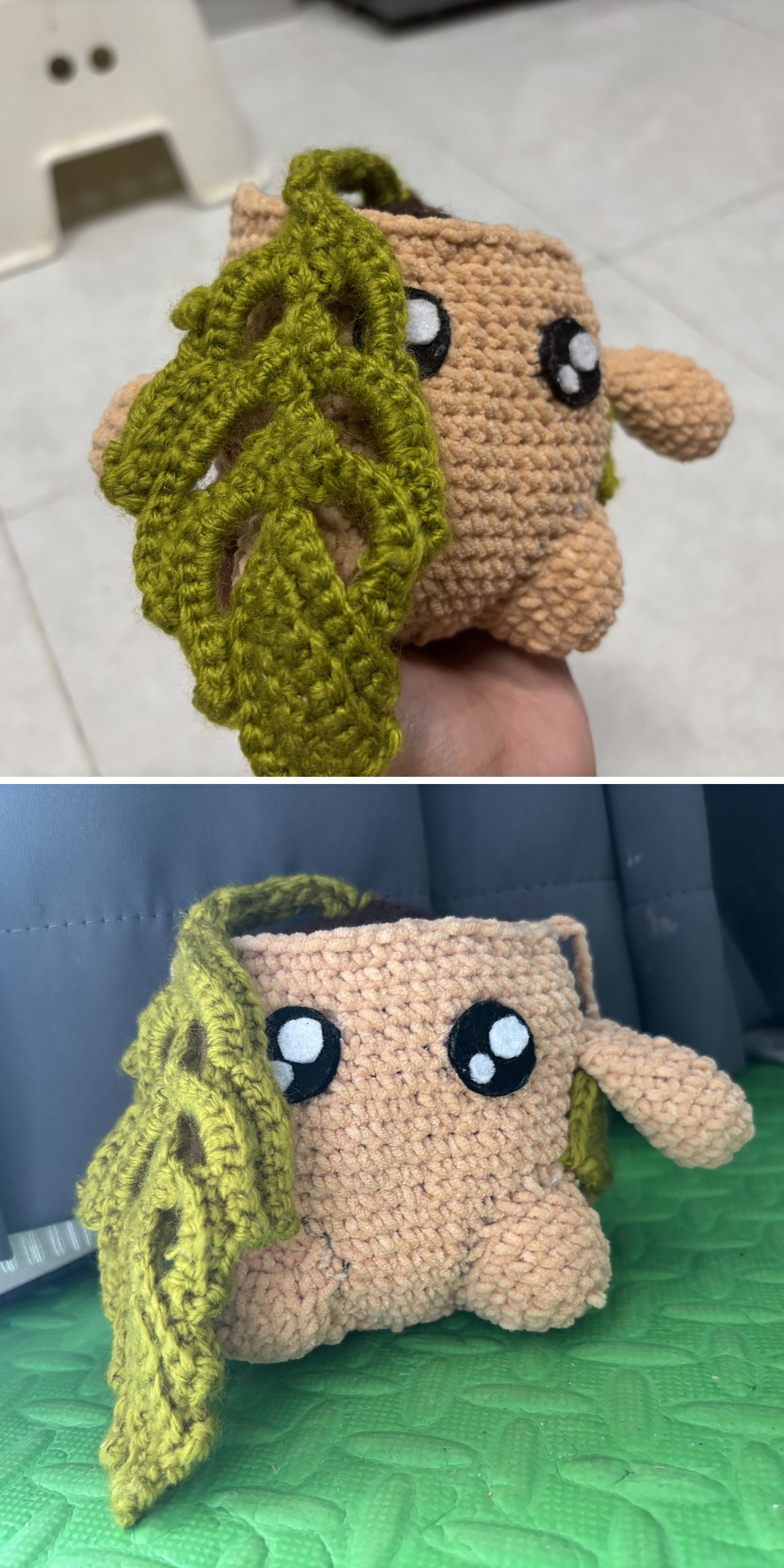 a crochet plant in a pot with kawaii eyes and a big monstera leaf