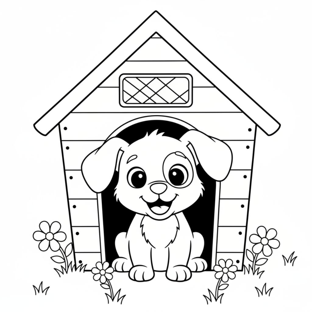 Cartoon puppy sitting and smiling at the entrance of a doghouse, surrounded by flowers and grass — perfect for kids and adults who enjoy dog coloring pages. This free printable is great fun for all ages!