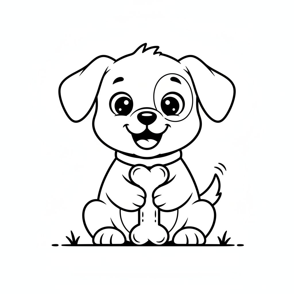 A cartoon puppy sits on grass, smiling with its tongue out, and holds a bone between its front paws — perfect for dog coloring pages or free printable coloring pages for kids.