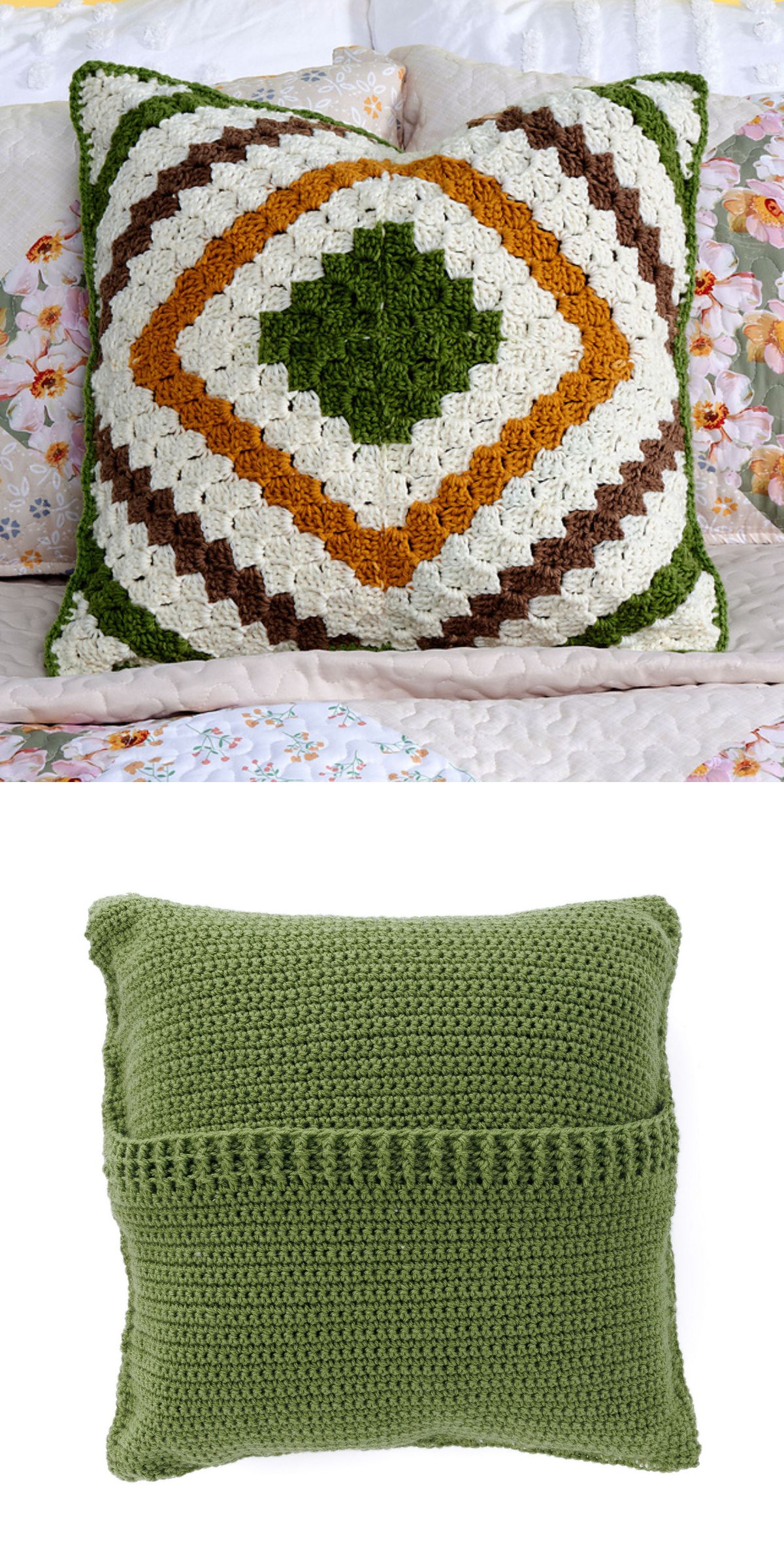 Front and back views of a crochet pillow; front showcases a geometric granny square pattern in green, white, brown, and orange, while the solid green back features a button closure.