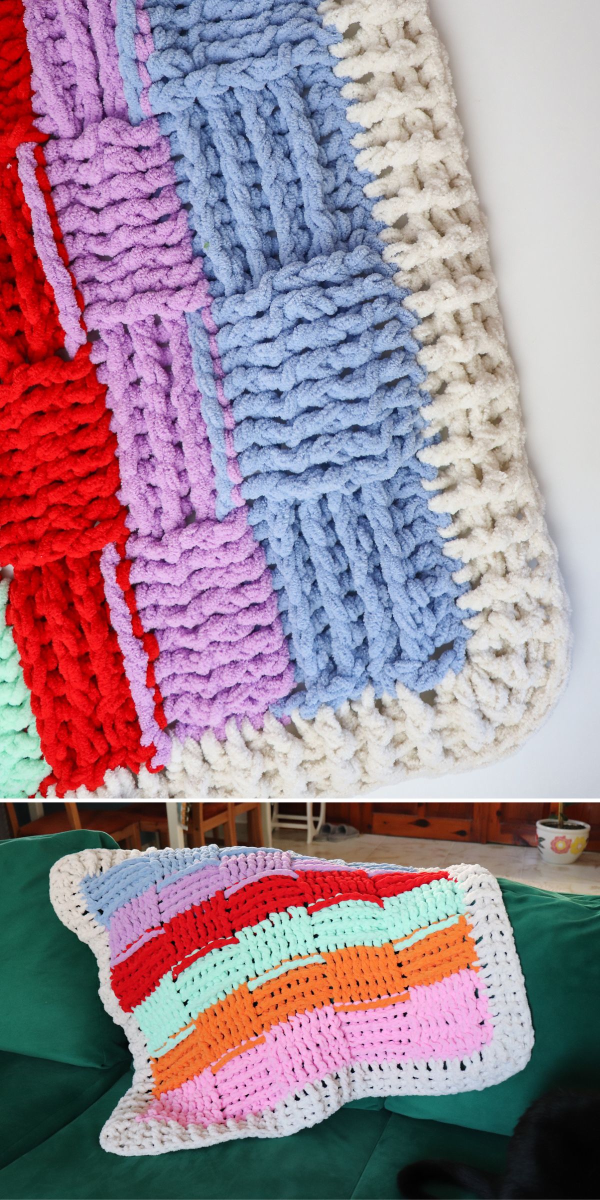 A crochet blanket with a patchwork pattern in red, green, purple, blue, pink, orange, and white is shown close up and draped over a green surface.