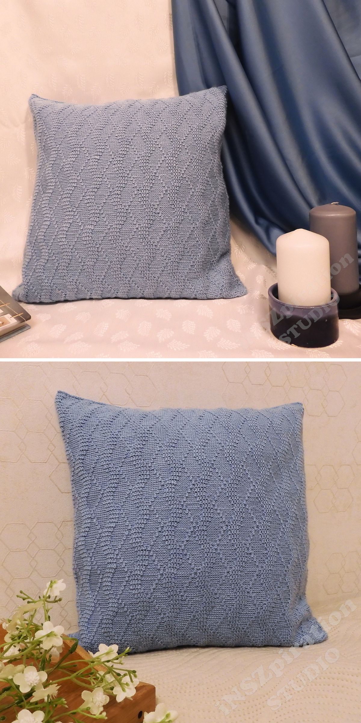 Two images of a light blue crochet pillow on a beige patterned surface, surrounded by decorative items like candles, fabric, and flowers.
