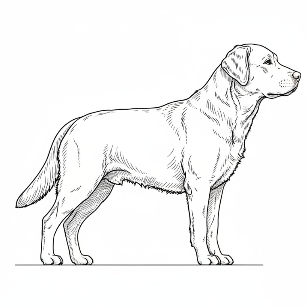 Black and white line drawing of a Labrador Retriever standing in profile, facing right, with a neutral expression — perfect for free dog coloring pages or printable fun.