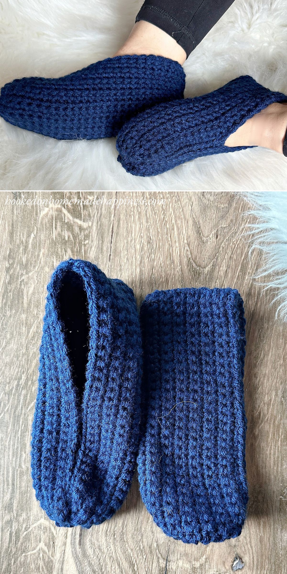 Two views of a pair of hand-crocheted dark blue crochet slippers: one being worn on feet, and the other laid flat on a wooden surface.
