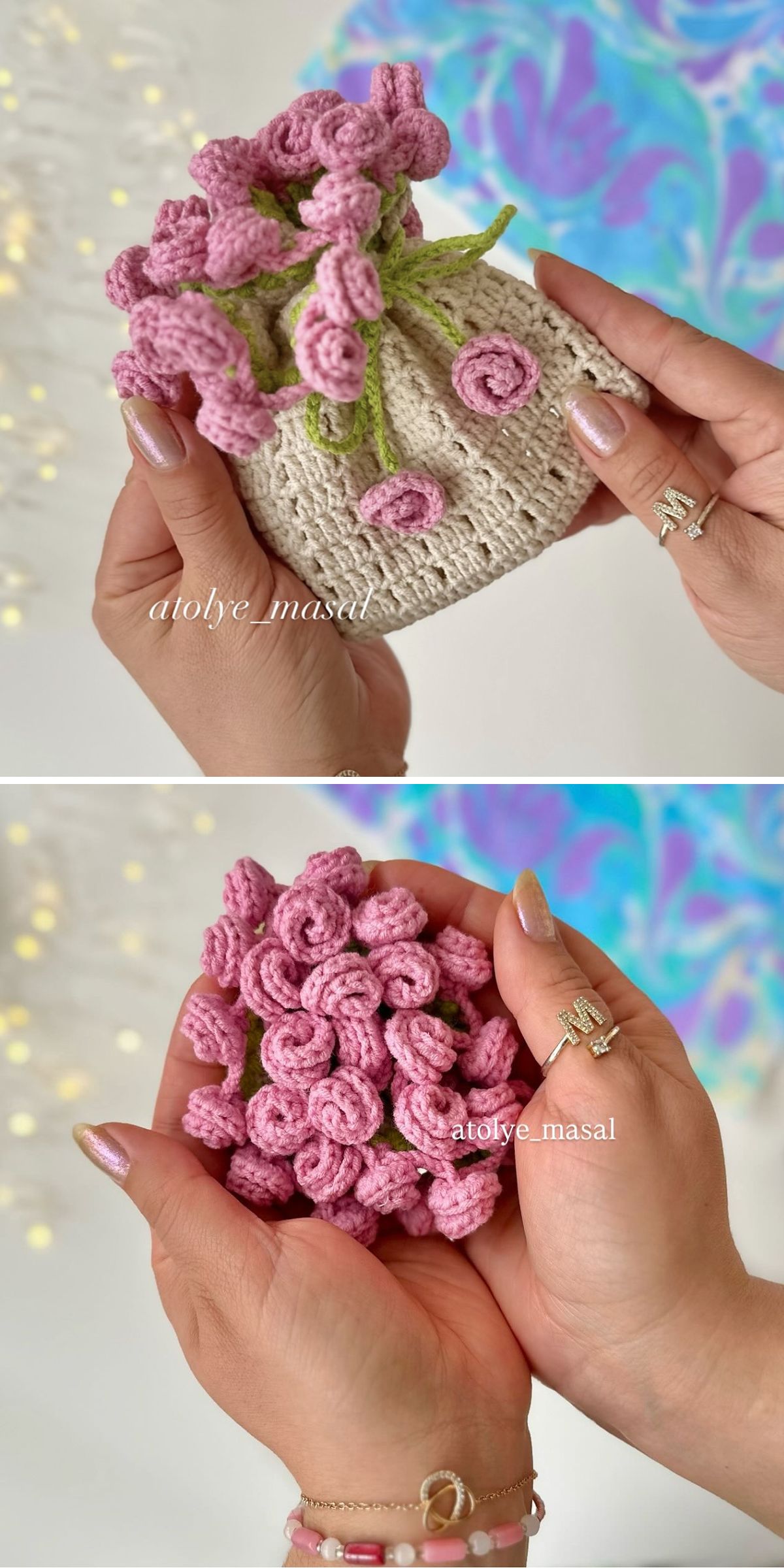 Two photos show hands holding a charming crochet pouch in beige, decorated with pink crocheted flowers and delicate green stems.