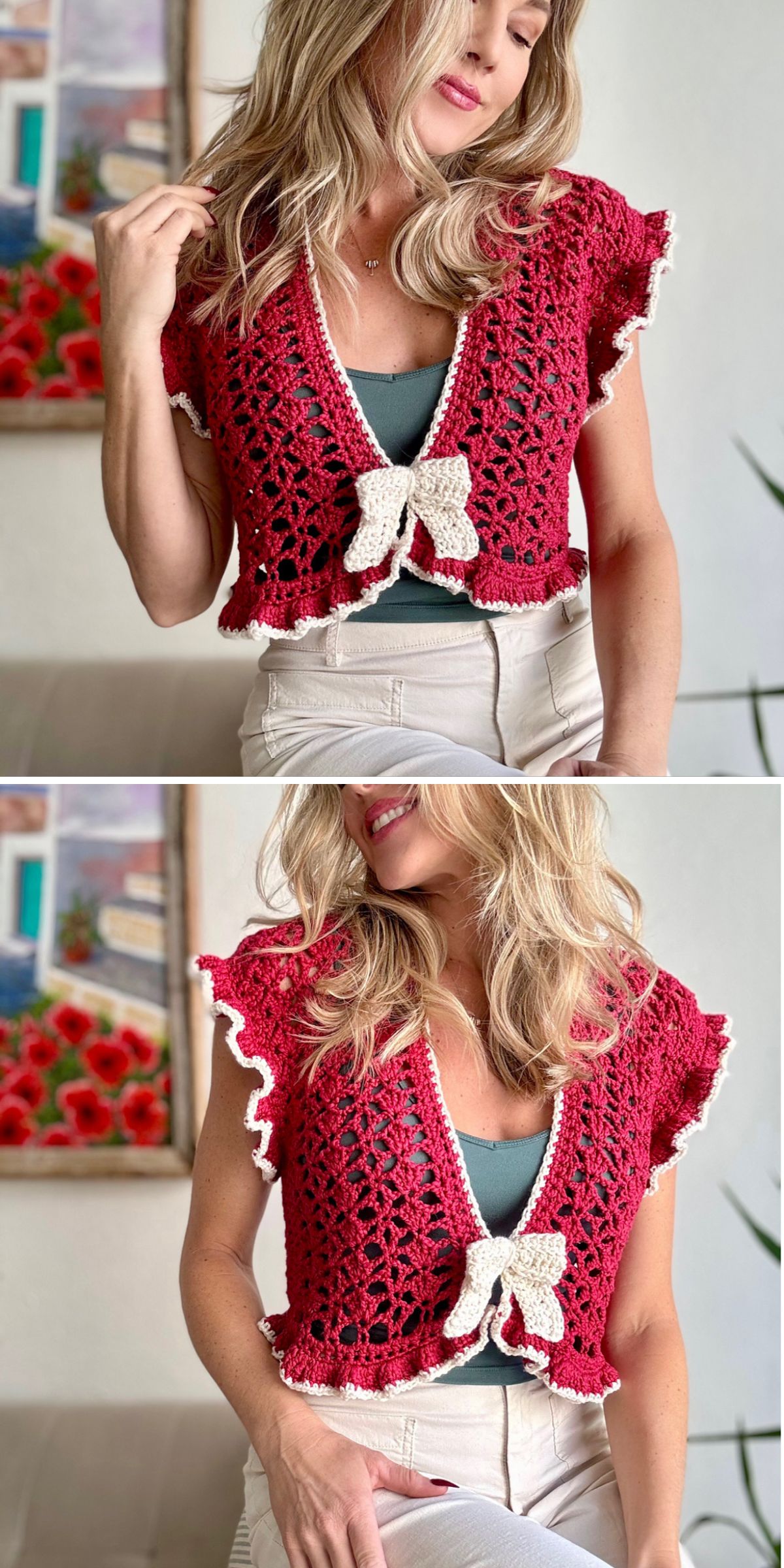 A woman wears a red crochet vest-style short-sleeve cardigan with a white bow and trim over a green top and light-colored pants, posing indoors.