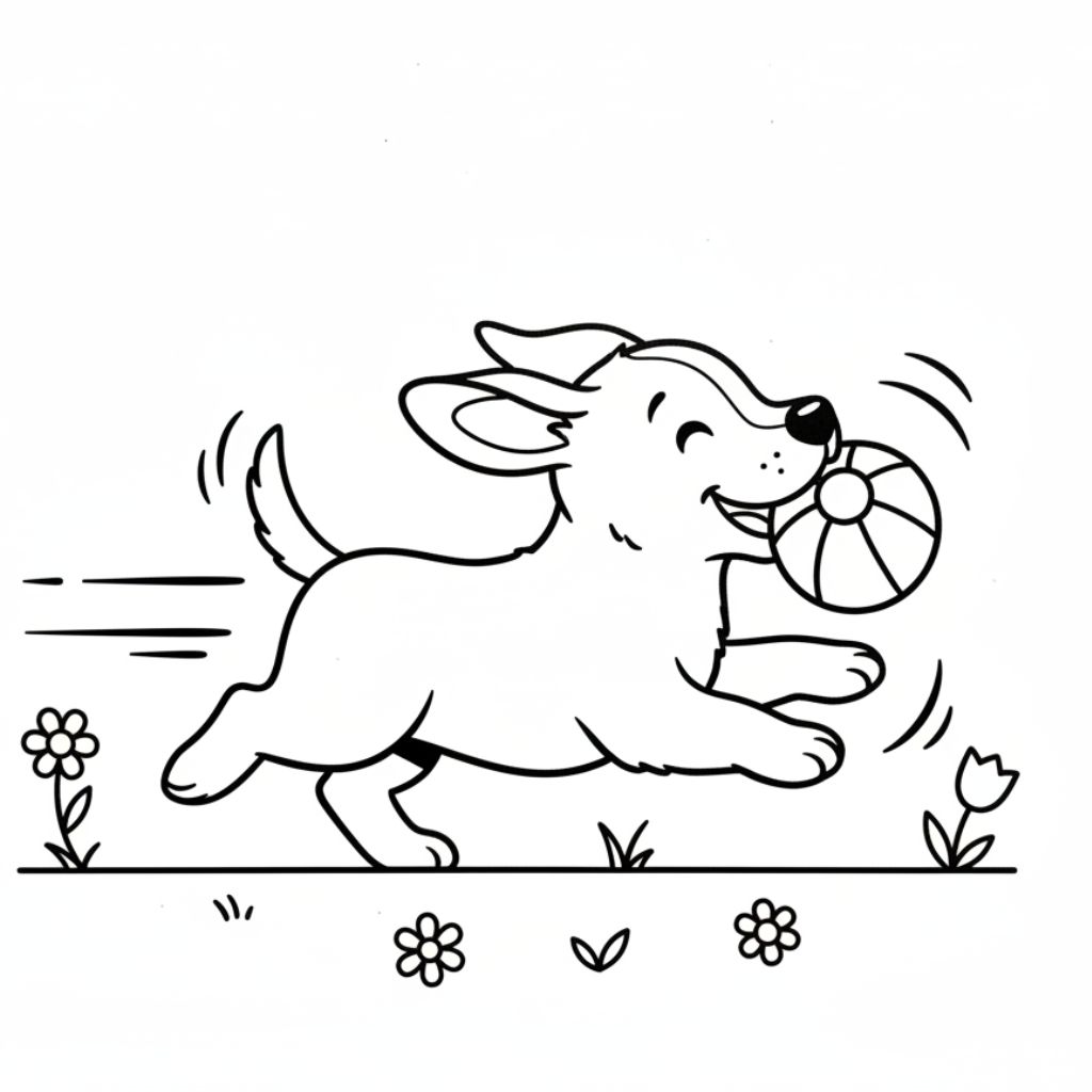 Line drawing of a dog running outdoors with a ball in its mouth, surrounded by small flowers and grass. Perfect for kids and adults, these Dog coloring pages make a fun, free printable activity for all ages.