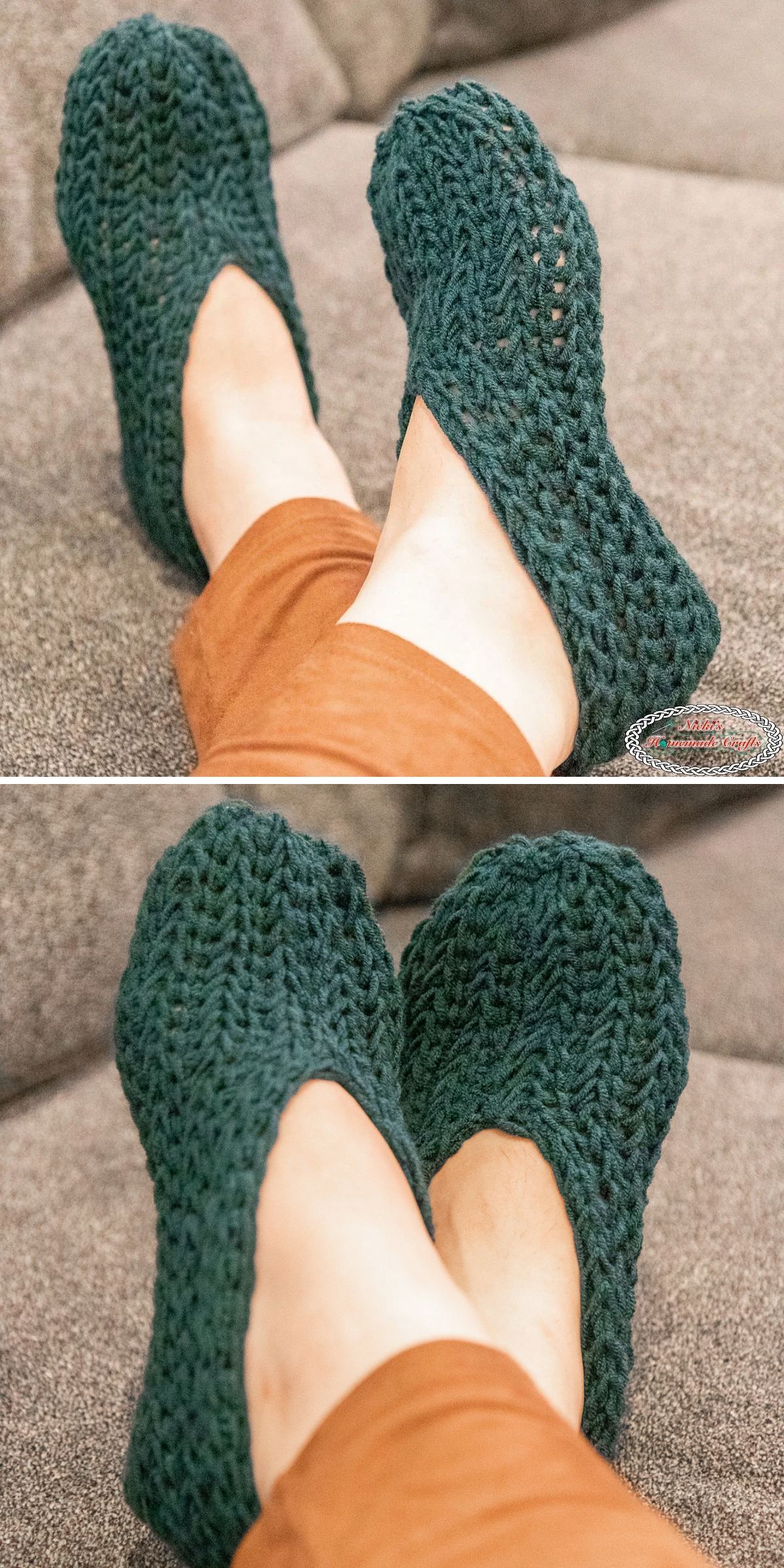 Two photos showing a person wearing teal crochet slippers while resting their feet on a gray couch. The slippers feature a simple, textured pattern.
