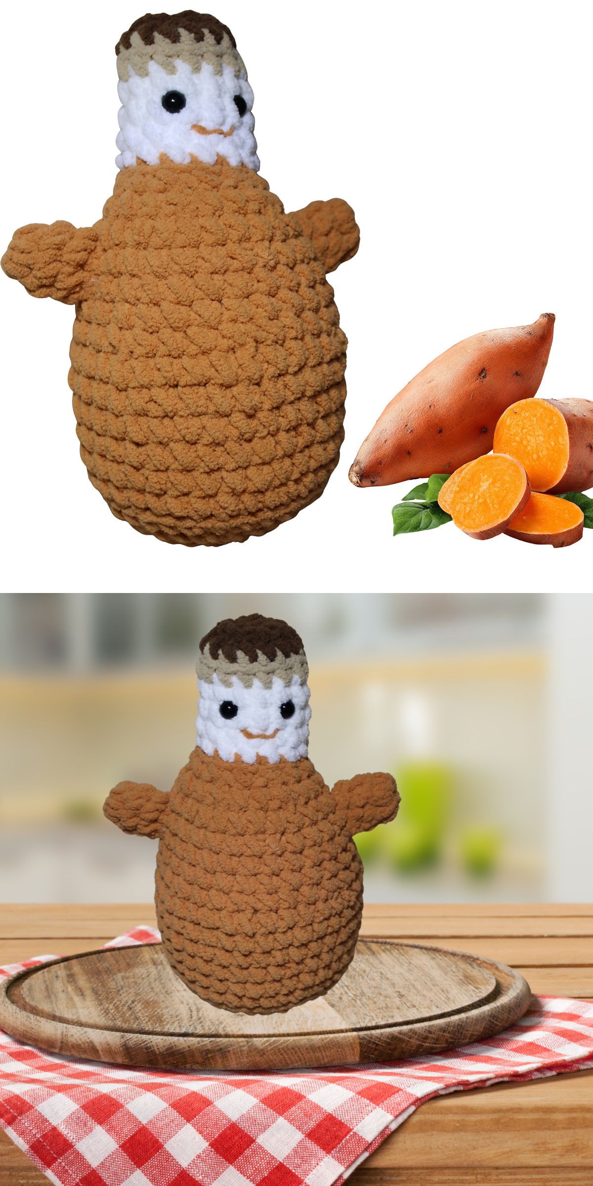 A crocheted sweet potato plush toy, crafted in food amigurumi style, is shown next to real sweet potatoes in the first image and standing on a wooden tray in a kitchen in the second image.