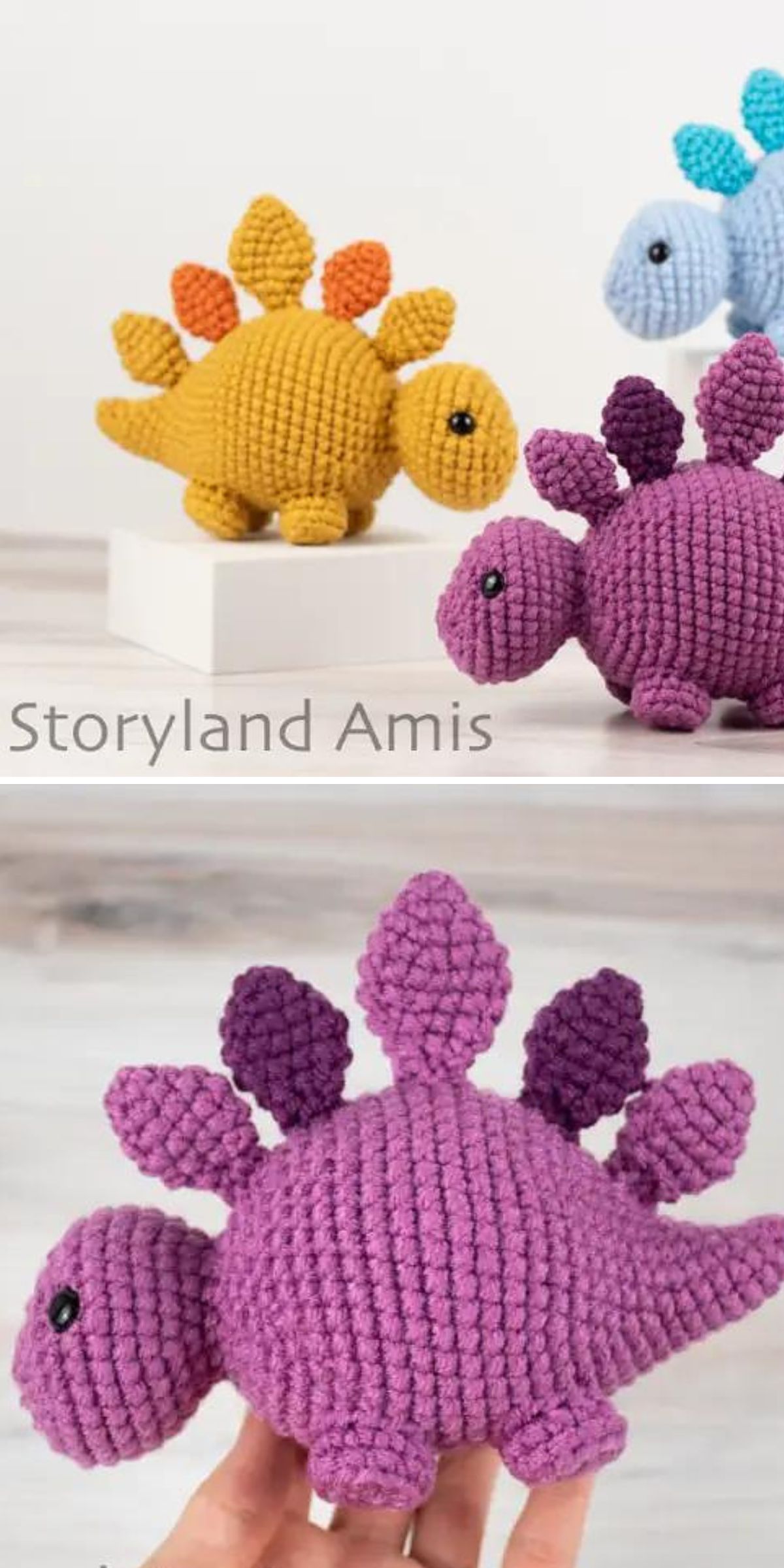 Three crochet dinosaur stegosaurus toys in yellow, blue, and purple are displayed on a white surface; the purple crochet dinosaur is shown close-up in the second image.