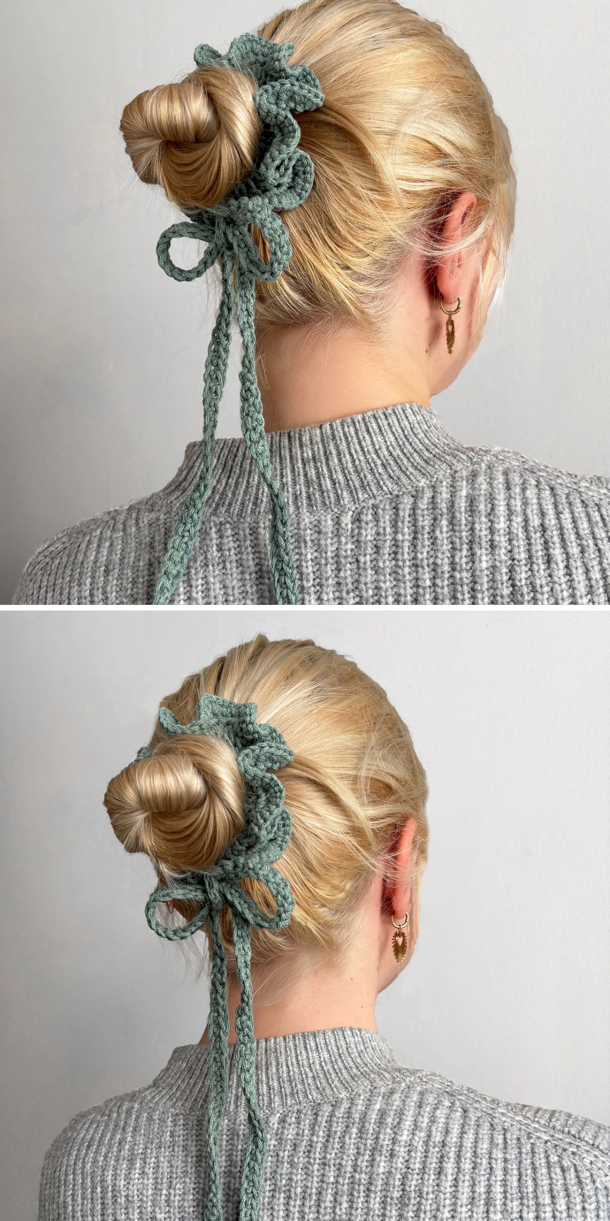A person with blonde hair in a bun, secured with a green crochet scrunchie featuring long ties, wearing a gray ribbed sweater.