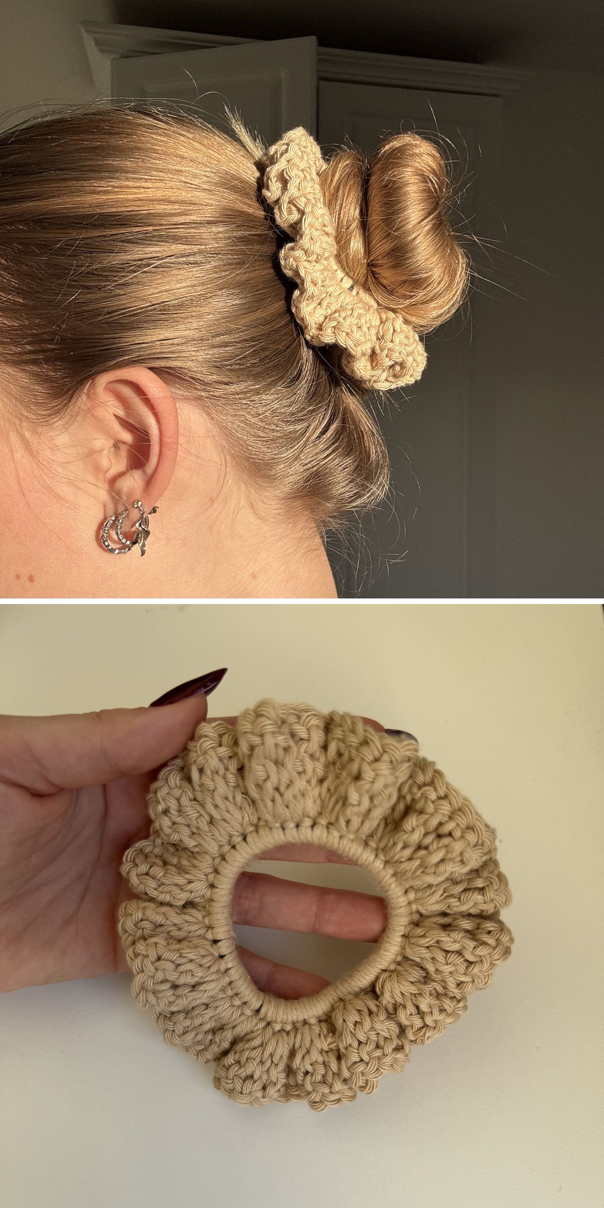 A person with blonde hair styled in a bun secured with a crochet scrunchie; the second image shows the beige crochet scrunchie held up close against a white background.