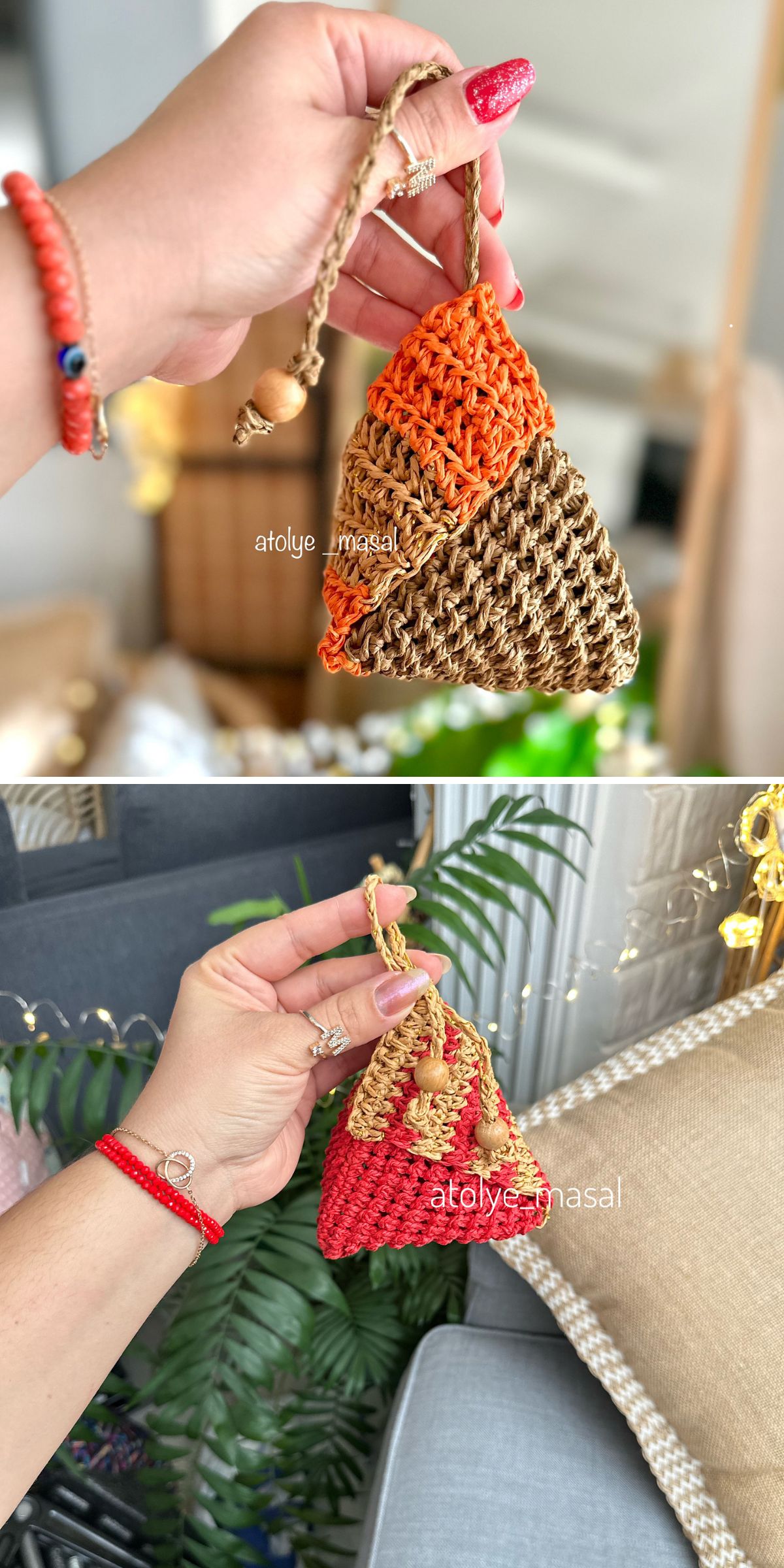 Two photos show a person's hand holding a crochet pouch in triangle shapes with different color combinations—orange and brown in the first, red and beige in the second.