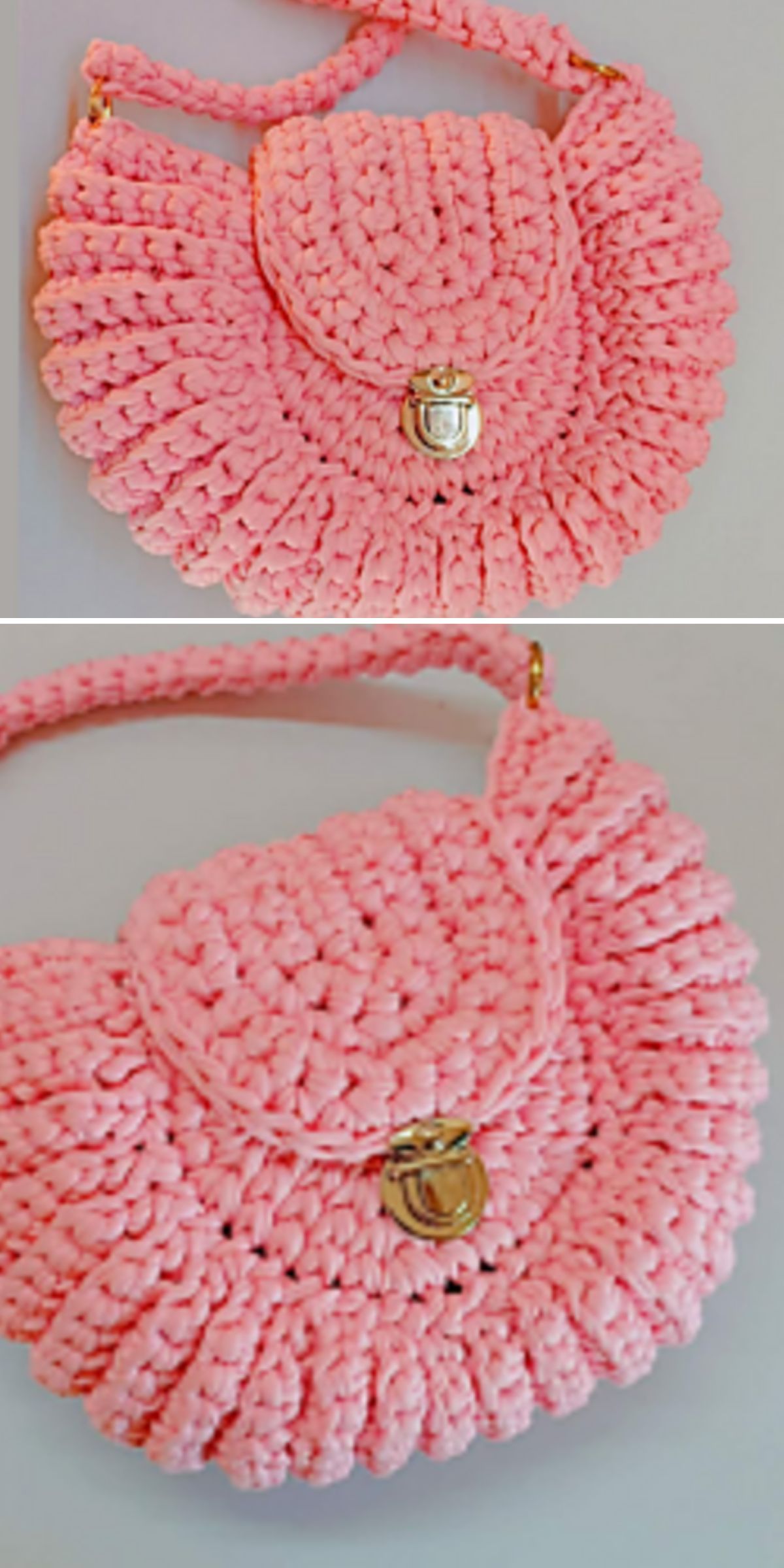 A small, round, pink crocheted handbag with a flap closure and gold clasp, featuring a textured, fan-like pattern and a matching handle — perfect inspiration for those exploring new crochet bag patterns.