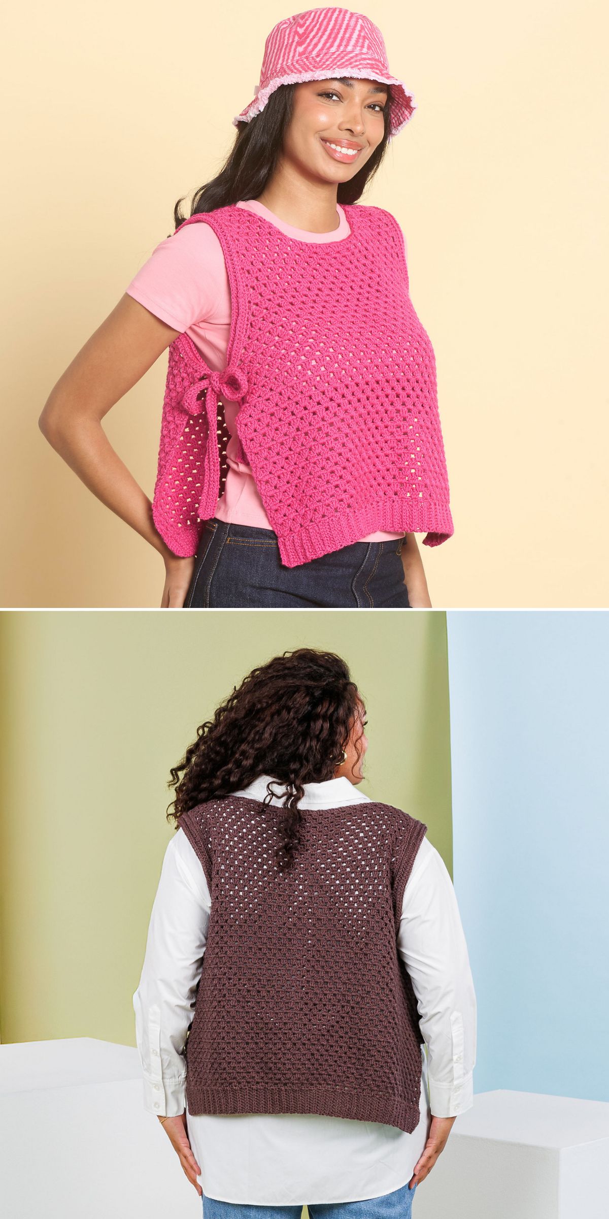 Two people model loose, sleeveless crochet vests; one in pink with side ties over a pink t-shirt and hat, the other in brown over a white shirt—showcasing the crochet vest trend from the back.