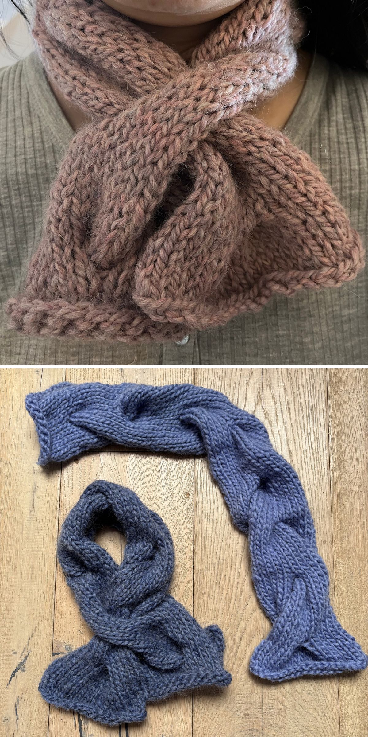 Two knitted scarves are shown: one in pink, worn around a neck, and one in blue, displayed flat on a wooden surface, showcasing beautiful knitting scarf patterns with a braided design.