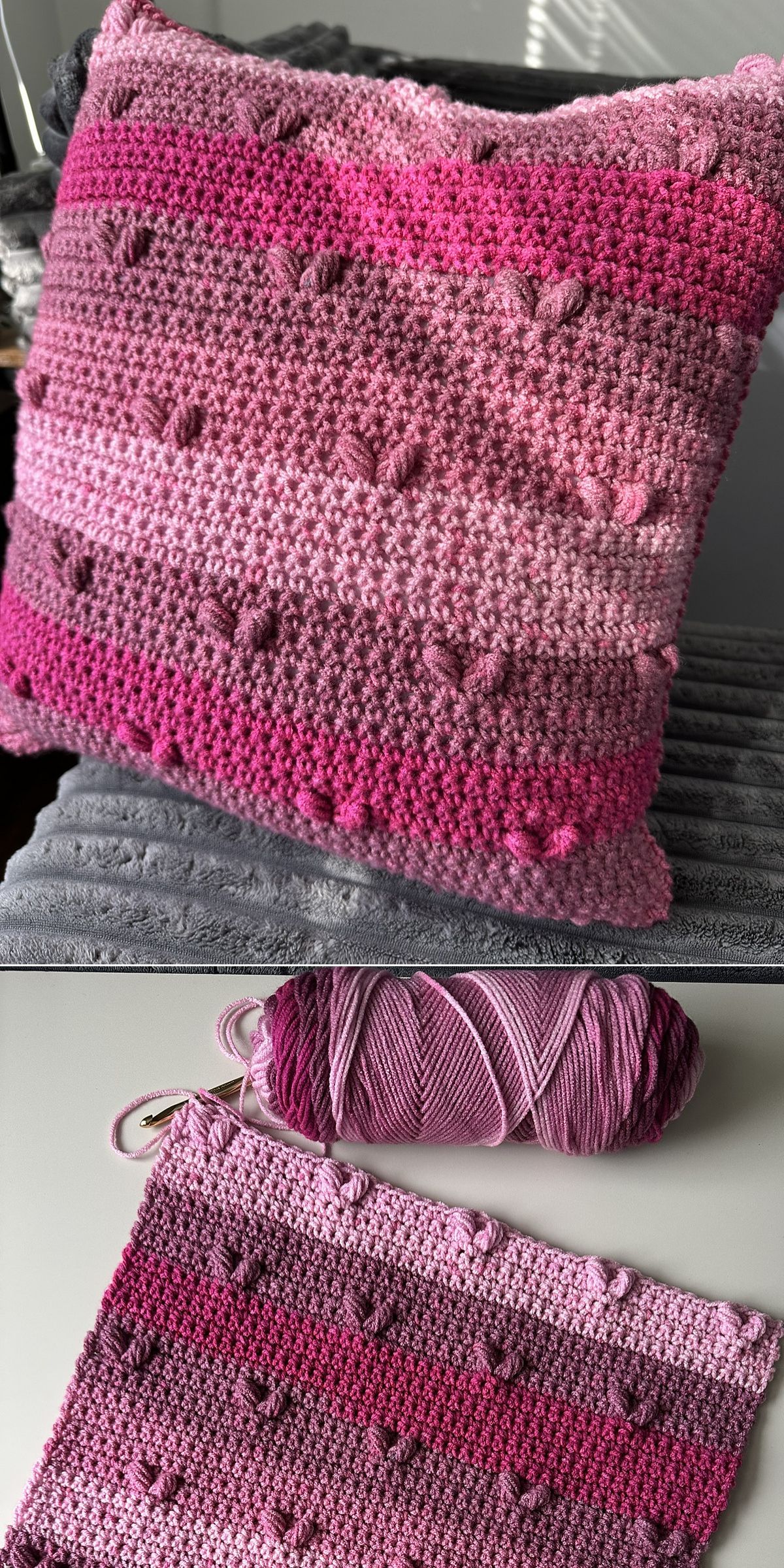 A pink crochet pillow with heart details is shown on a gray surface; below, matching yarn and a crocheted piece with similar heart patterns accentuate this charming crochet pillow display.