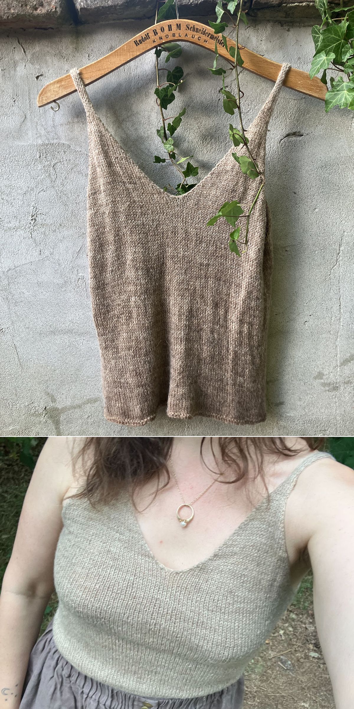 A knit halter top in beige hangs on a hanger outside, while someone styles the same tank with a skirt and necklace for an effortlessly chic look.