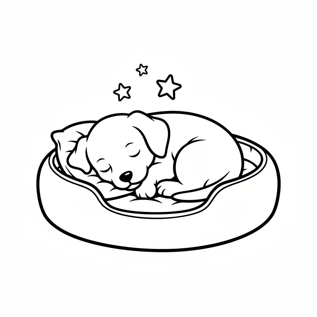 Line drawing of a puppy sleeping curled up in a round pet bed, with three stars above its head, on a plain white background — perfect for free dog coloring pages or as a printable activity.