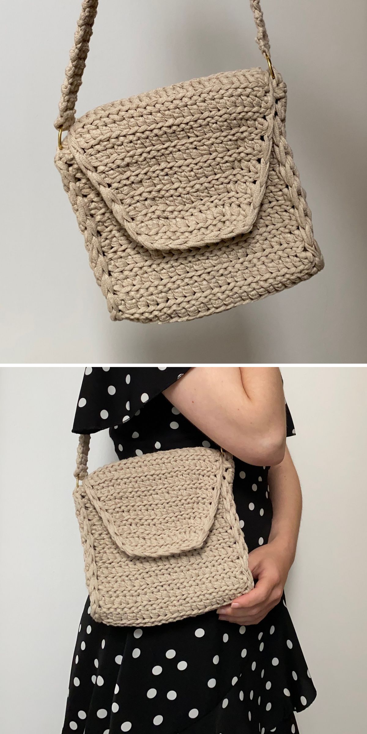A beige crochet bag with a hand-crocheted flap closure is shown in close-up, worn by someone in a black and white polka dot dress.