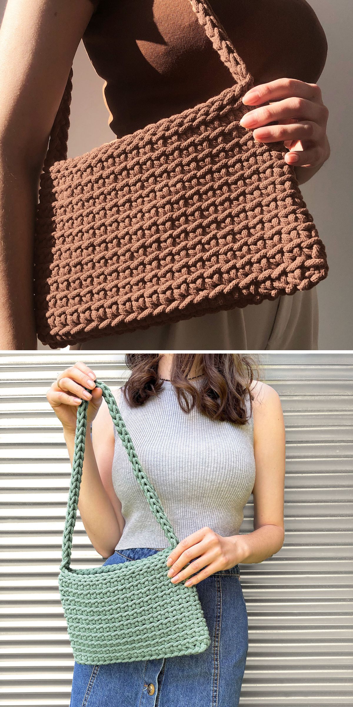Top: A person holds a brown crochet bag over their shoulder. Bottom: A person holds a light green crochet bag. Both feature a similar woven design and sturdy strap.