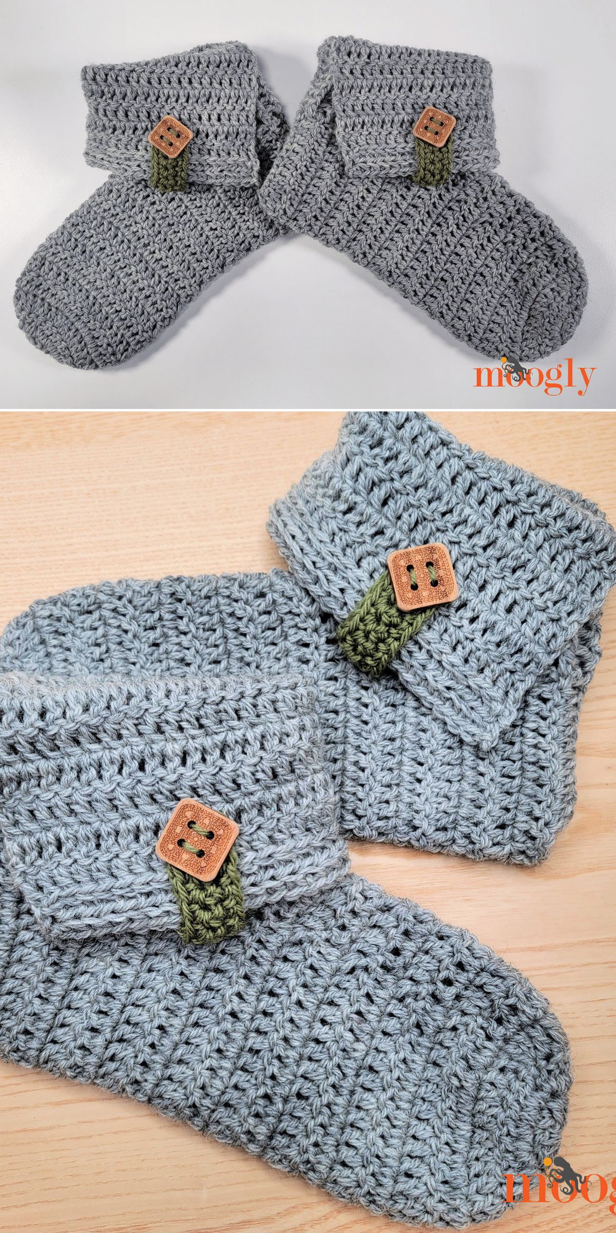 Two gray crochet slippers with ribbed cuffs, green crochet tabs, and brown square buttons are displayed on a light surface.
