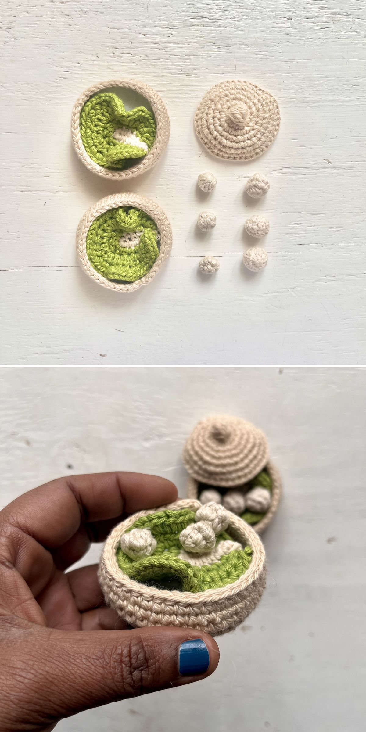 Two photos showing a small food amigurumi dim sum basket with removable green leaves and white dumplings, with a hand holding the completed piece in the bottom image.