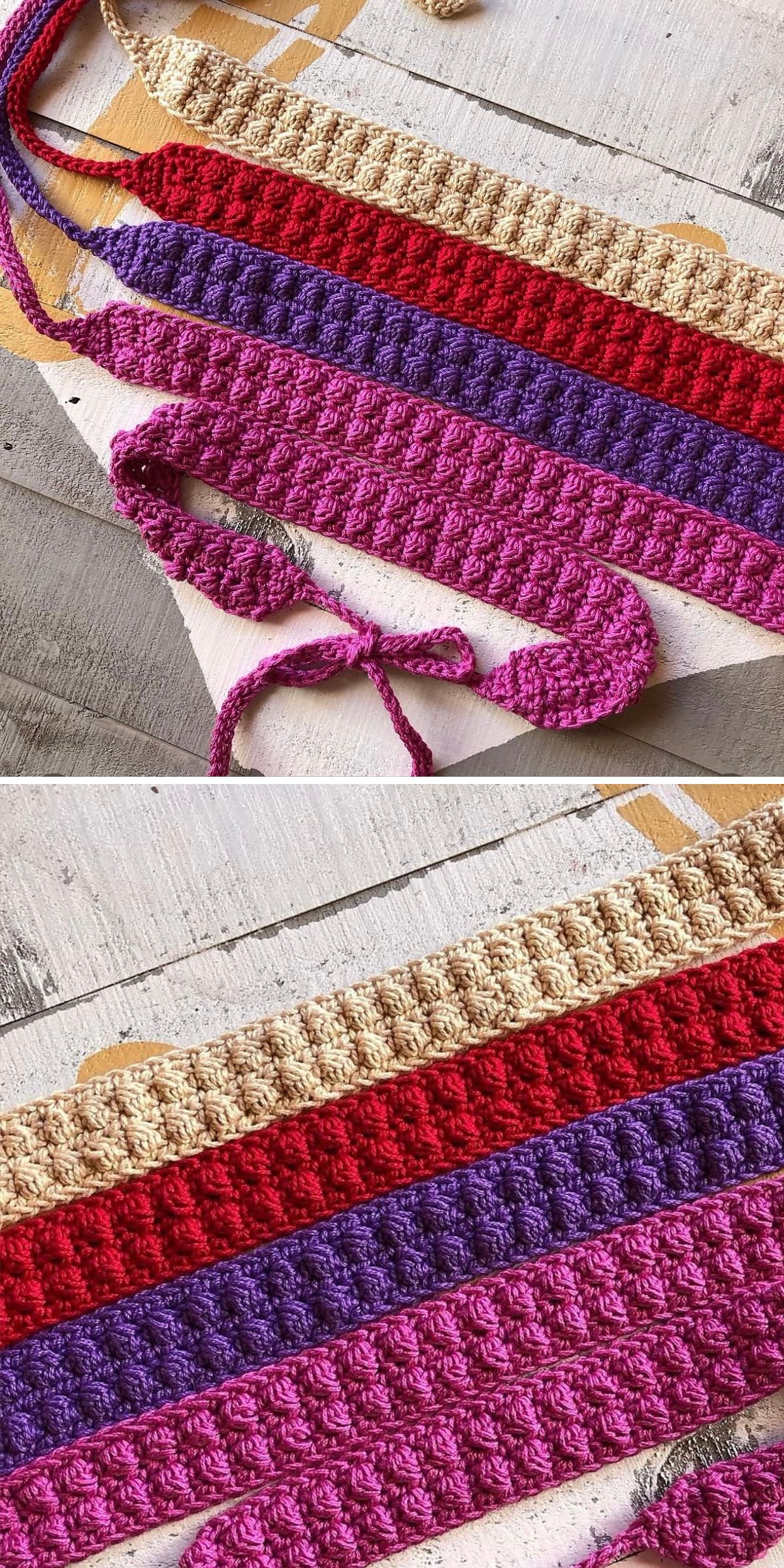 Several colorful crocheted strips in shades of beige, red, purple, and pink are laid out on a wooden surface, perfect for creating a cozy crochet headband.