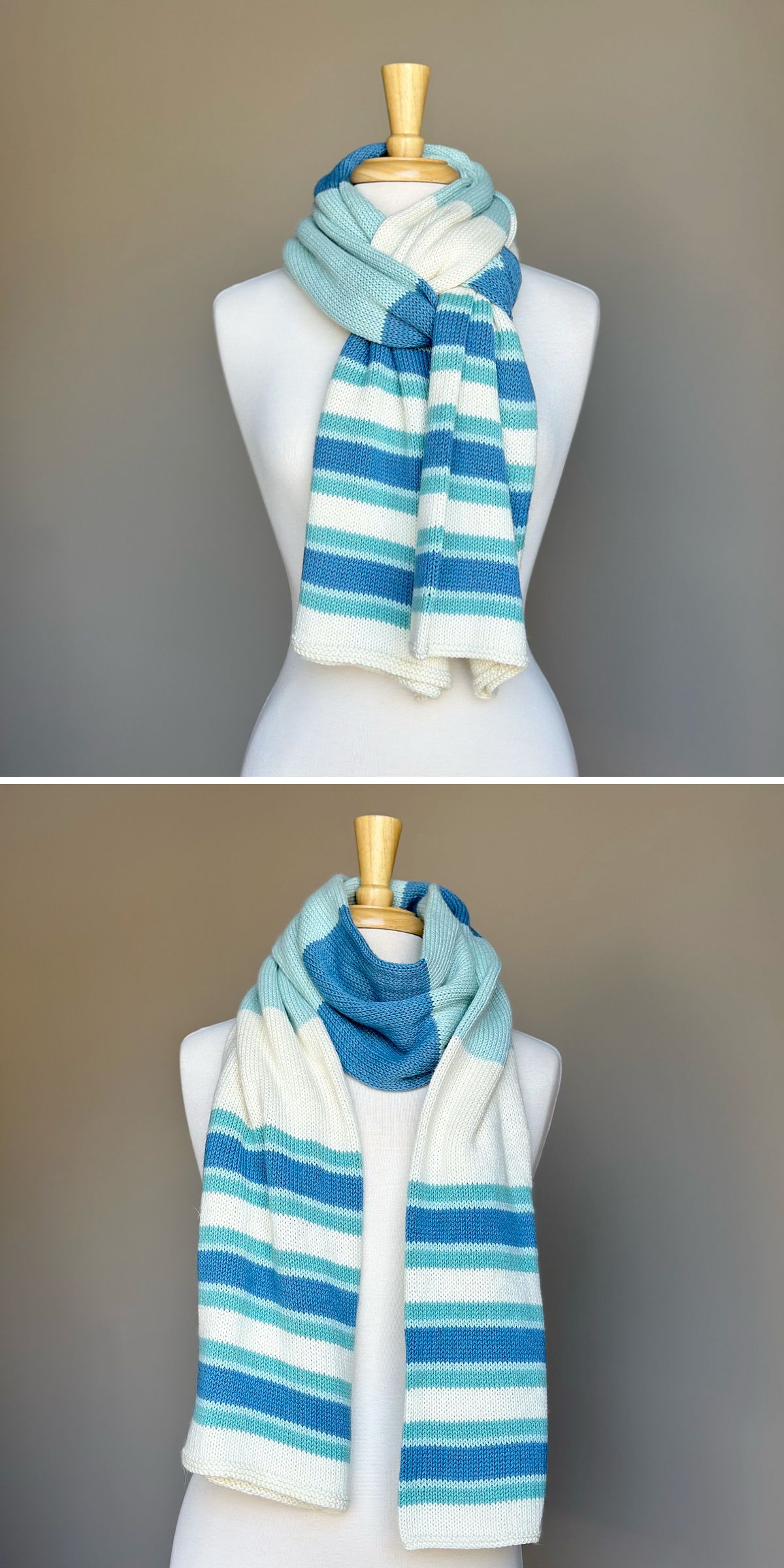 A mannequin displays a knitted scarf with blue, aqua, and white horizontal stripes, draped in two different styles—perfect inspiration for new knitting scarf patterns.