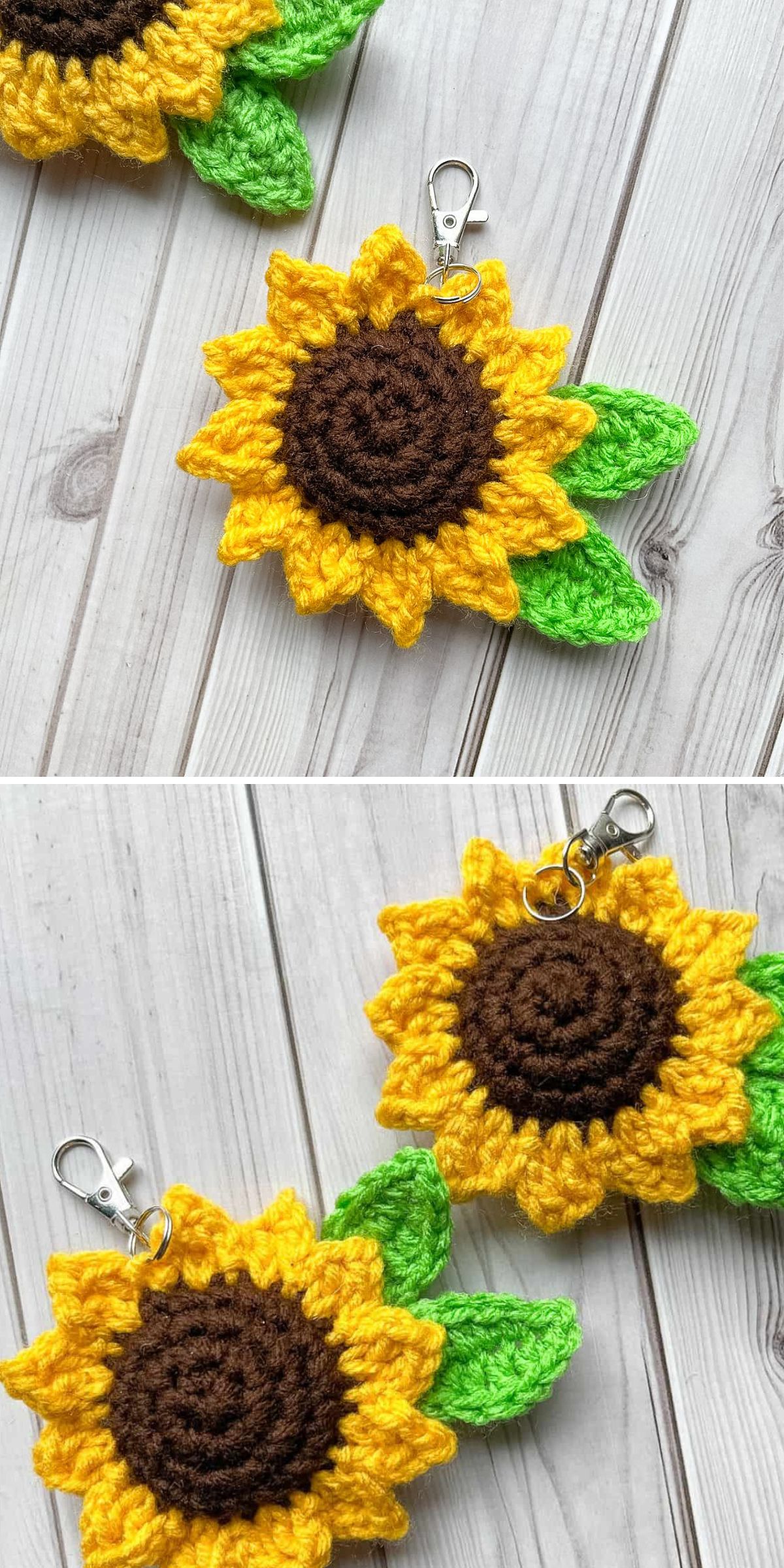 Two crochet sunflower keychains with green leaves and metal clasps are displayed on a light wooden surface.