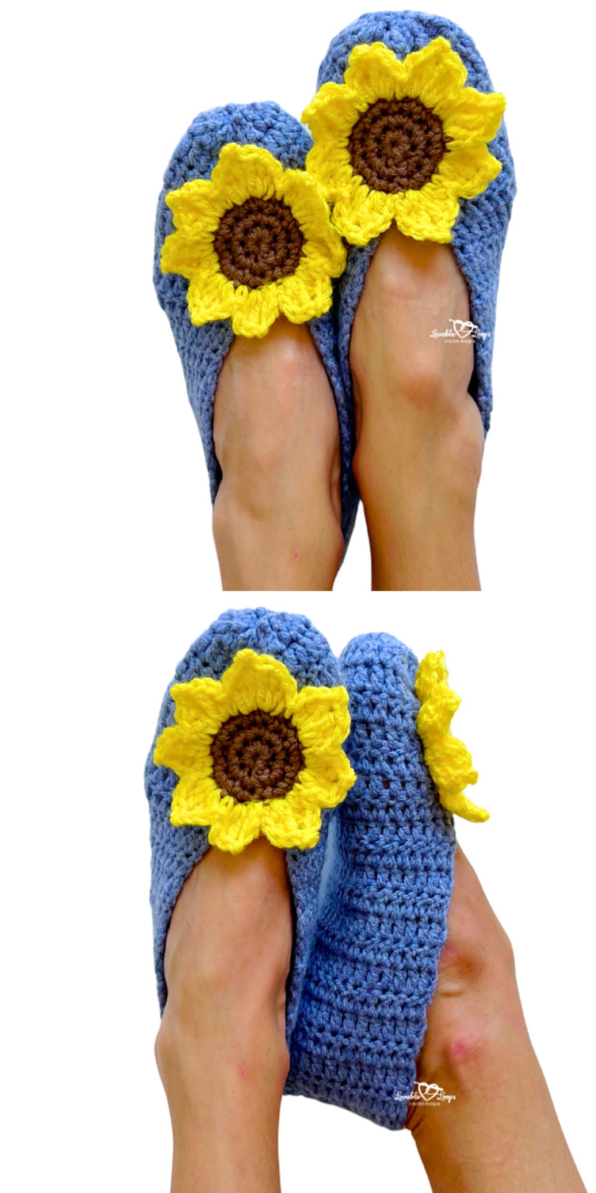 Two feet wearing blue crochet slippers, each adorned with a large yellow and brown sunflower on the toe. The crochet slippers are shown from both the top and side views.