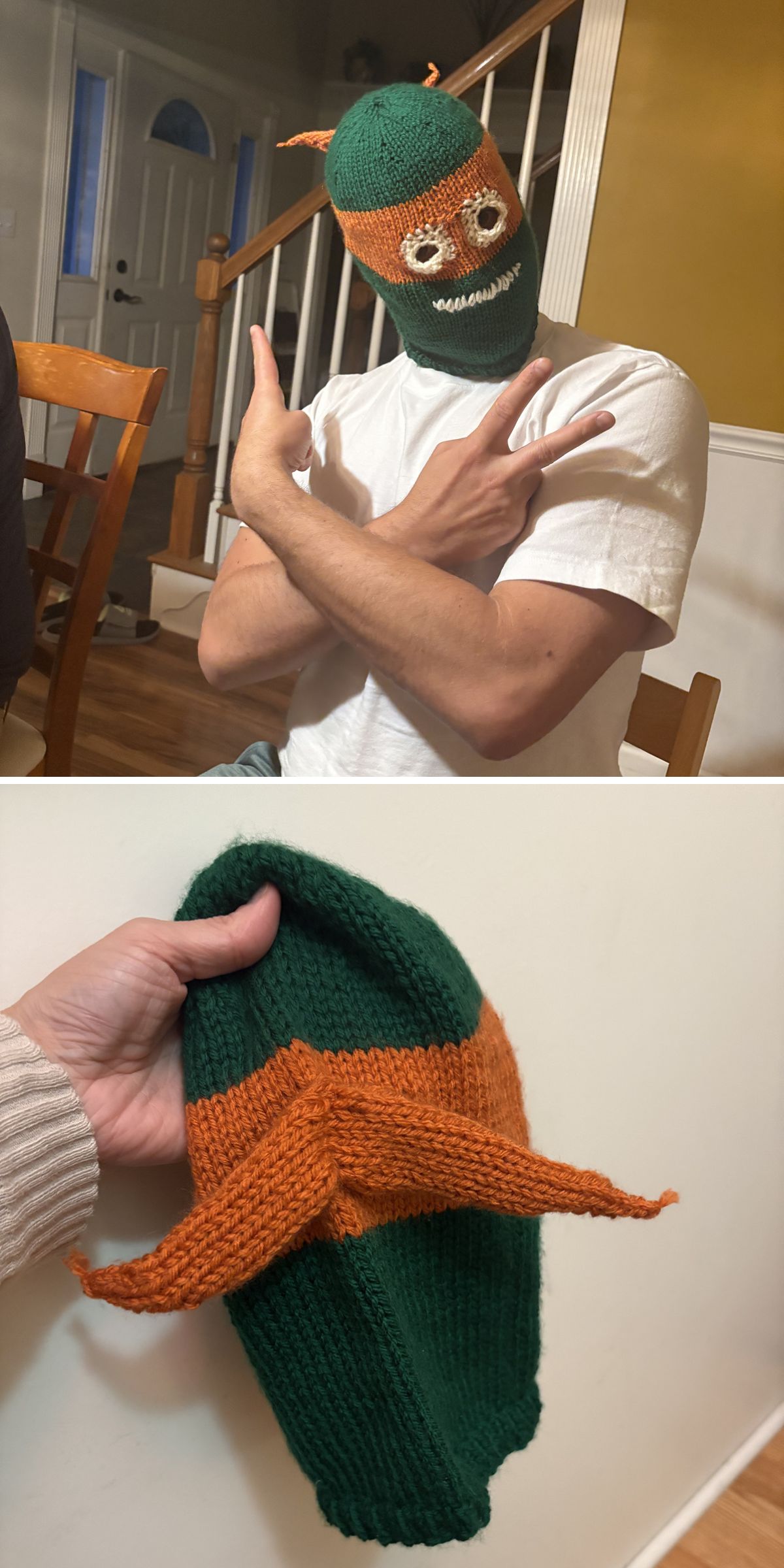 A person wearing a green and orange knit balaclava with a TNMT face design, perfect for small projects, poses with crossed arms; the second image shows the TNMT mask held in hand to display its shape.