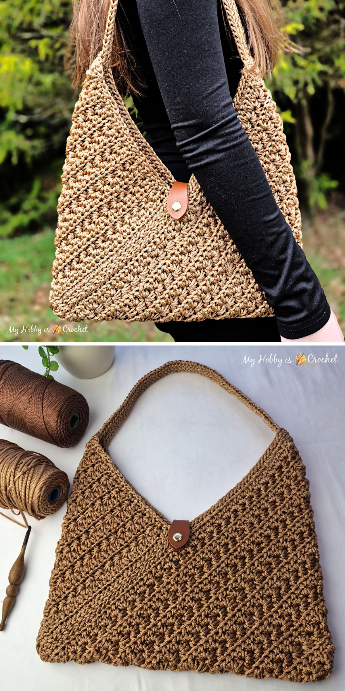 A person holds a handmade, brown crochet bag with a textured pattern, triangular shape, and leather button closure; the crochet bag is also shown lying flat beside yarn and a crochet hook.