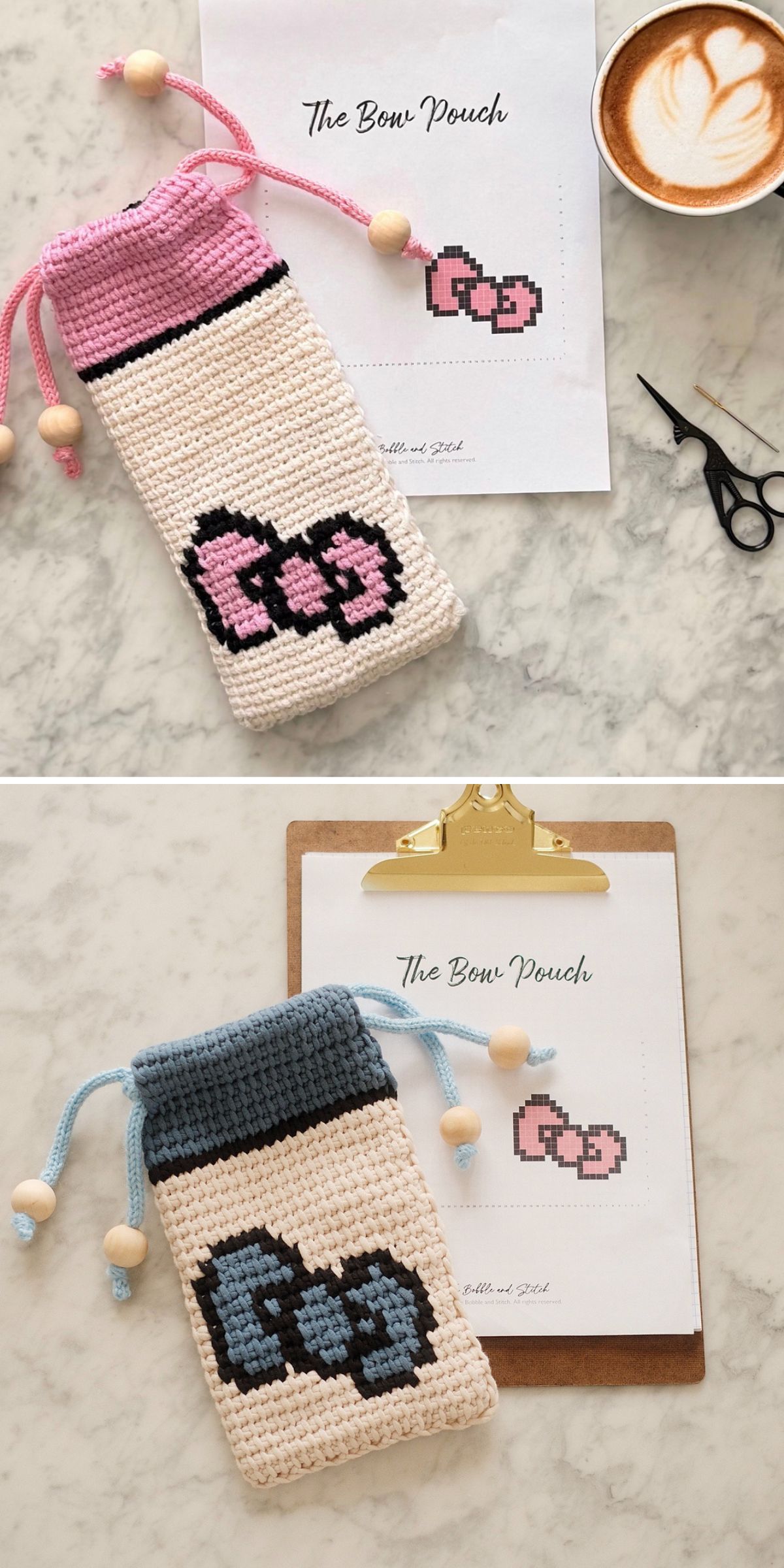 Two crochet pouches with pixel bow designs—one pink and white, one blue and white—are displayed alongside illustrated bow patterns and coffee on a marble surface.