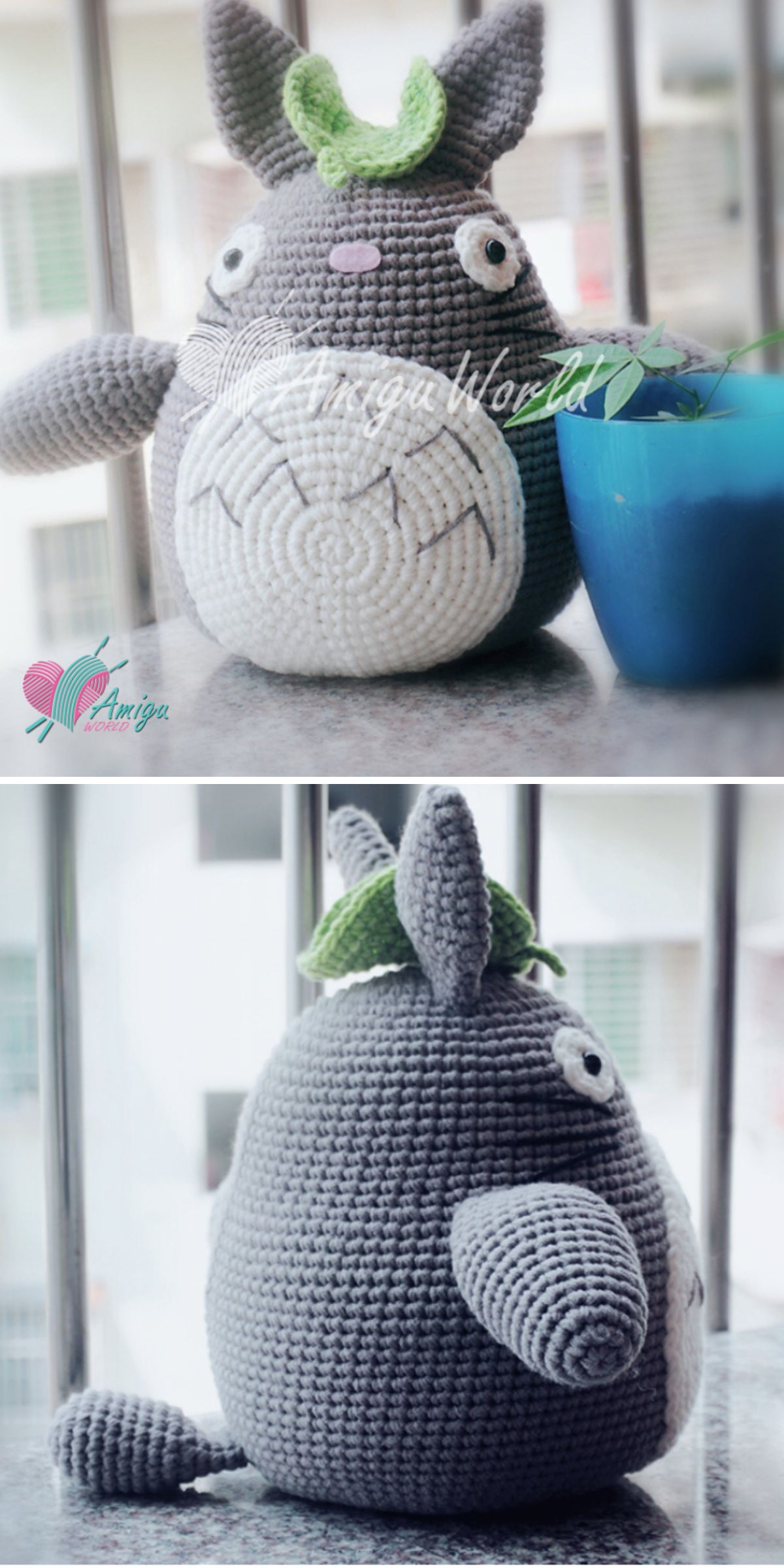 Two photos show a crochet Totoro, a grey creature with a leaf on its head, placed next to a blue flower pot on a balcony railing.