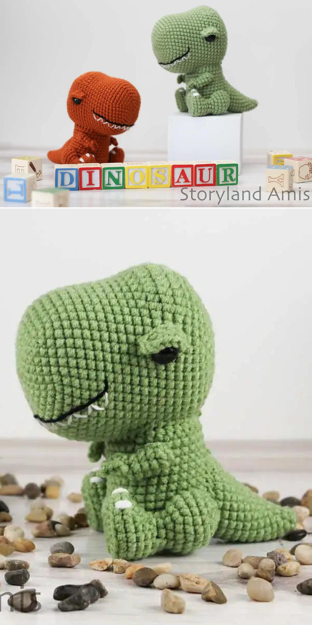 Two amigurumi dinosaur toys, one orange and one green, are displayed with colorful letter blocks and small stones on a white surface — perfect inspiration for your next crochet dinosaur patterns.