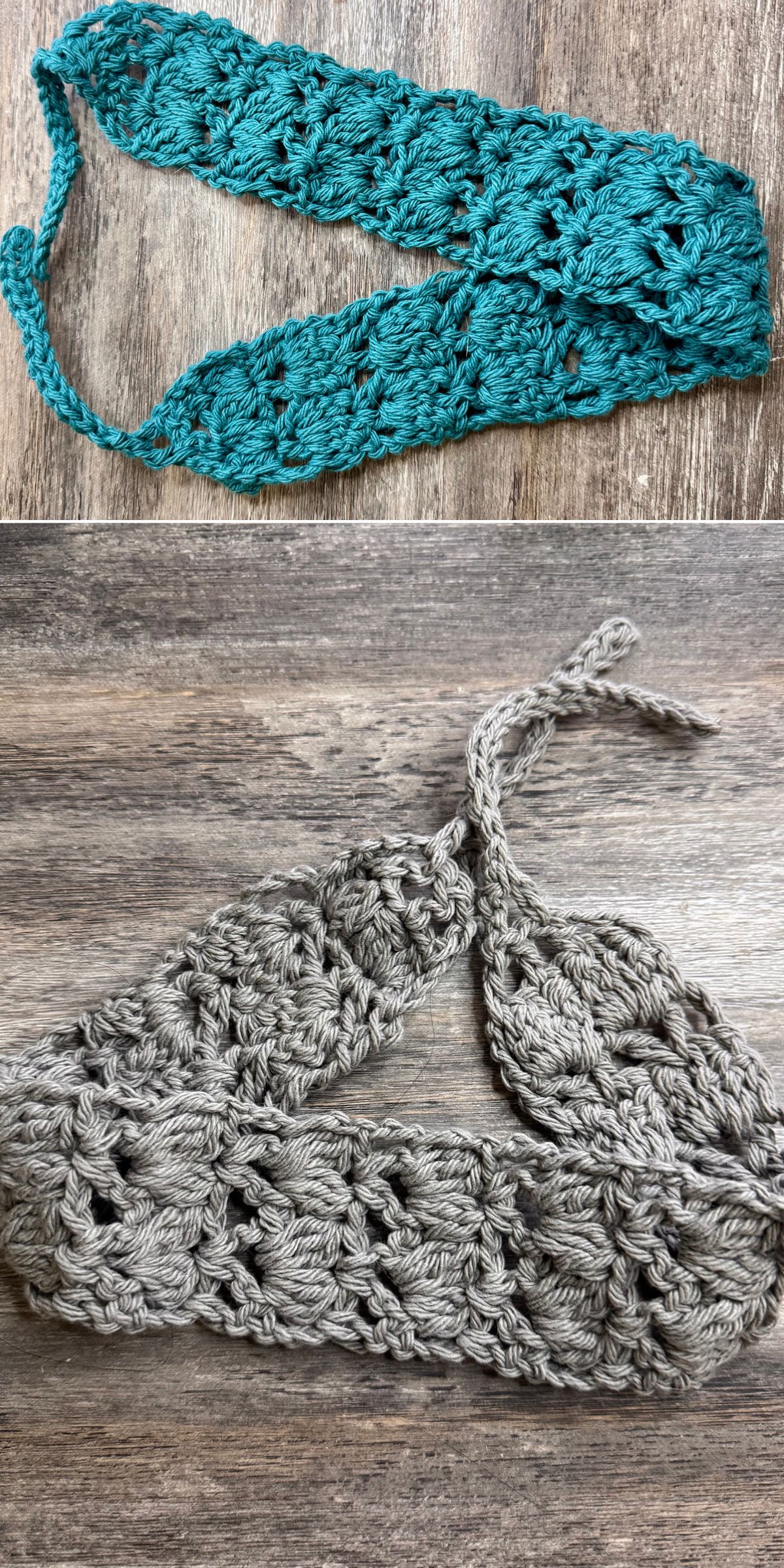 Two crochet headbands, one teal and one gray, featuring openwork patterns, are displayed on a wooden surface.