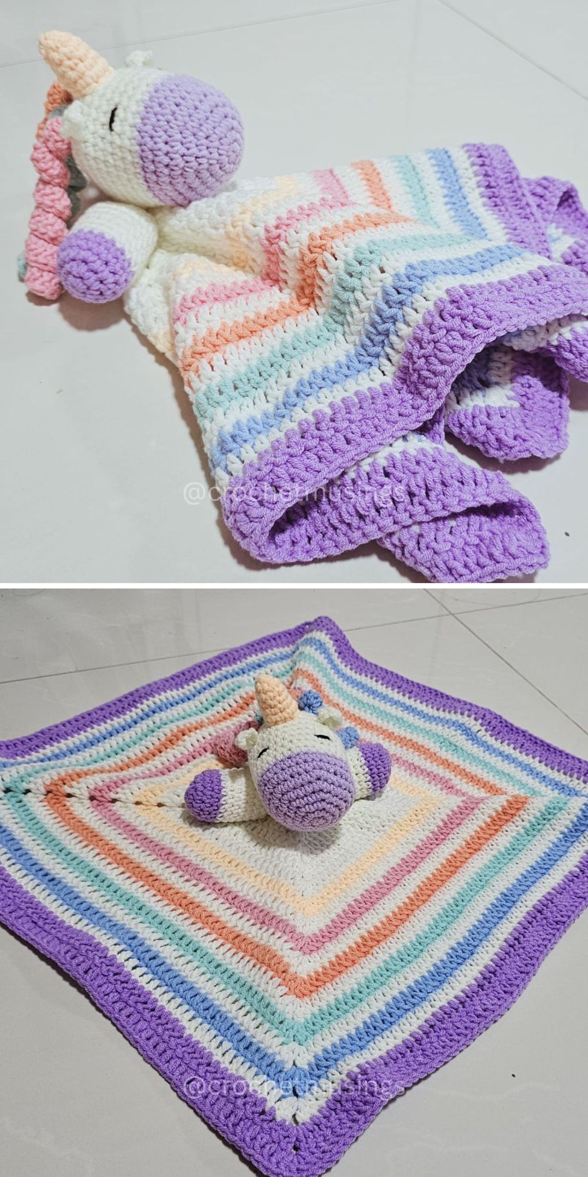 Crocheted unicorn security blanket, perfect as a crochet baby lovey, featuring a plush unicorn head and a multicolored striped blanket in purple, white, pink, and blue, displayed on a light floor.