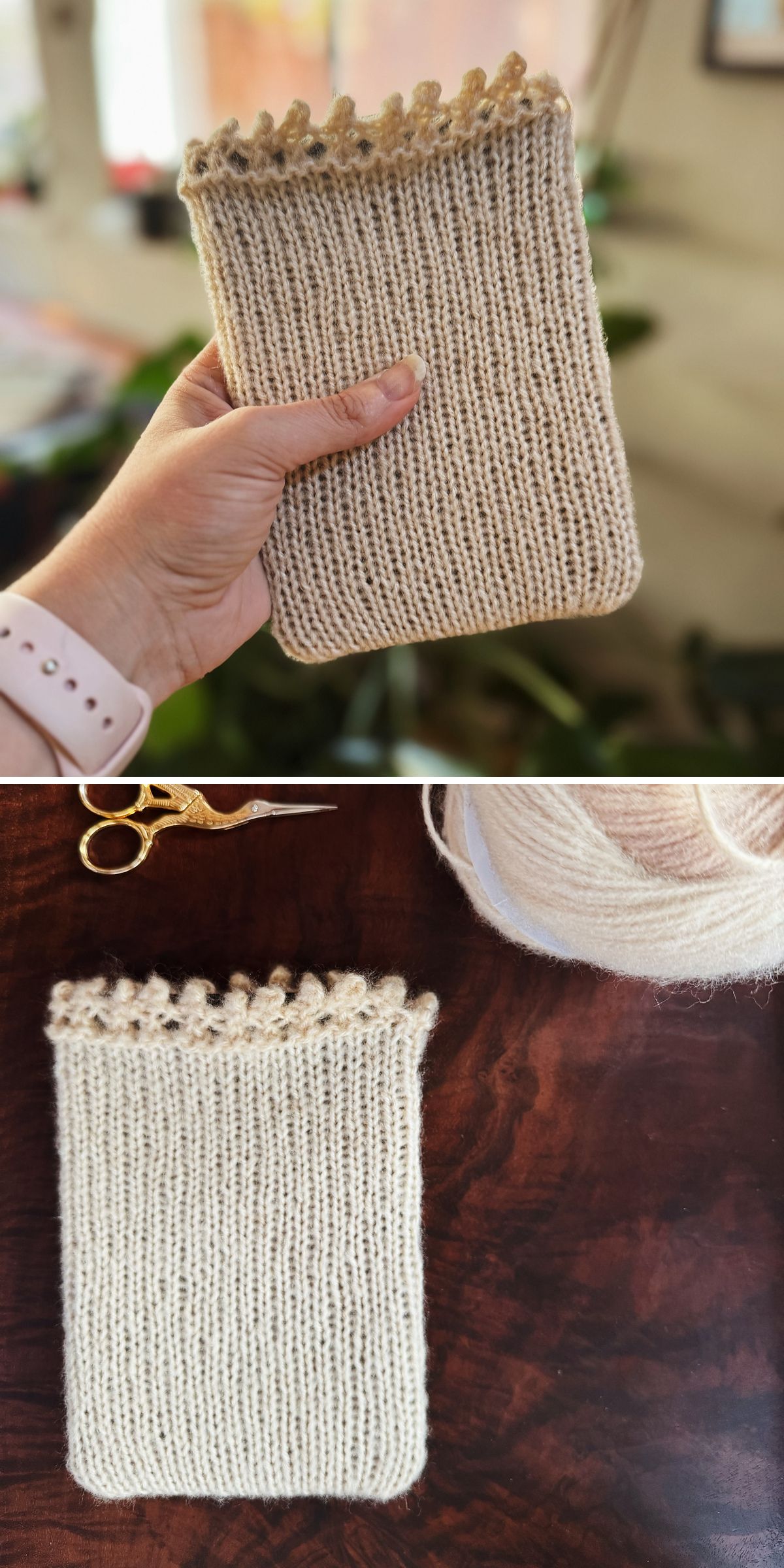 A hand holds a small, beige, hand-knitted pouch with a decorative edge — perfect for small projects; the pouch is also shown lying flat next to yarn and scissors.