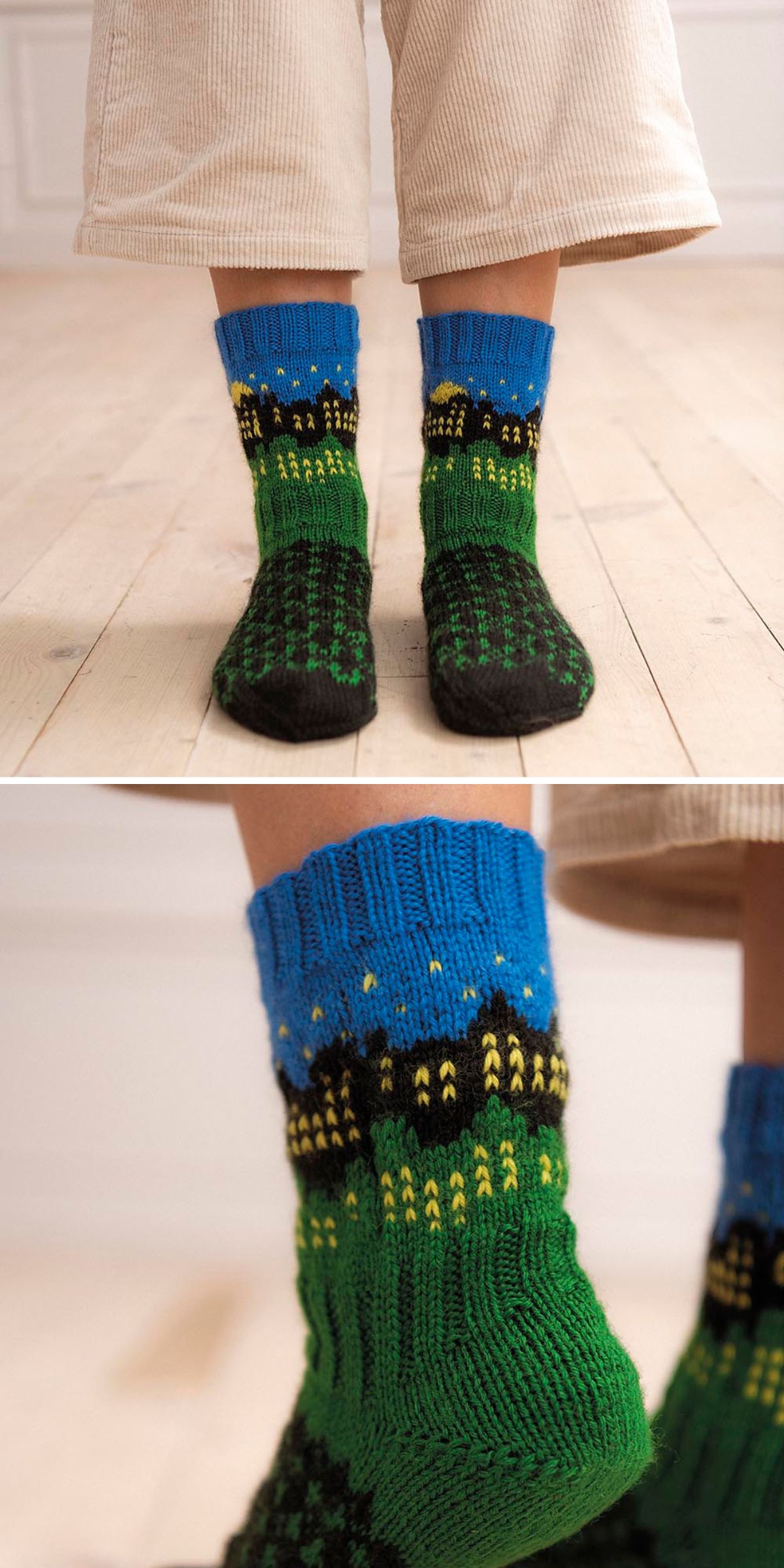 Two images show a person wearing socks made with landscape-inspired knitting patterns for socks in blue, green, and yellow tones, standing on a light wooden floor.