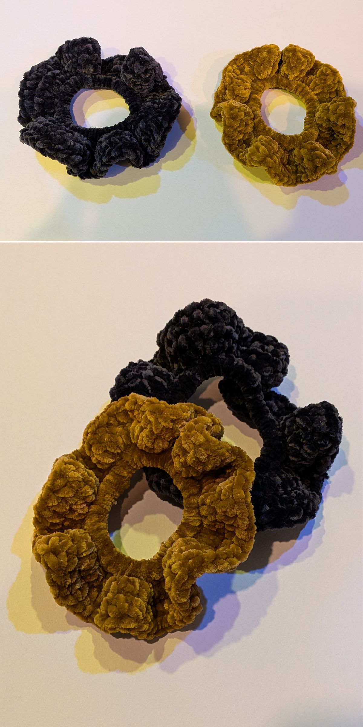 Two textured hair scrunchies, including a stylish crochet scrunchie in mustard yellow and a classic black design, are shown side by side on a light surface in both close-up and wider view.