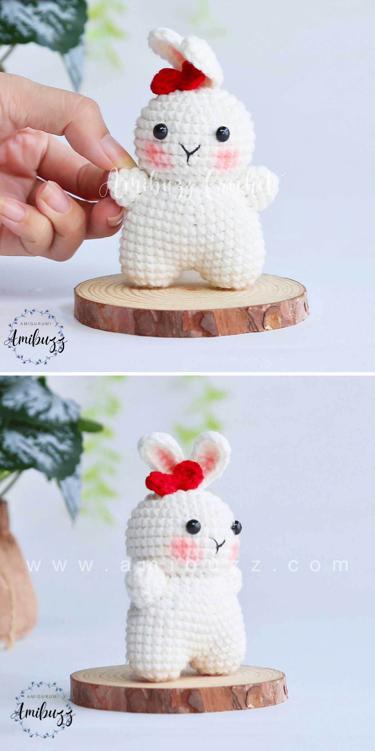Two photos of a crochet rabbit — a small, white crocheted bunny with a red bow on its head — shown standing on a round wooden base. In the first photo, a hand is holding the crochet bunny.