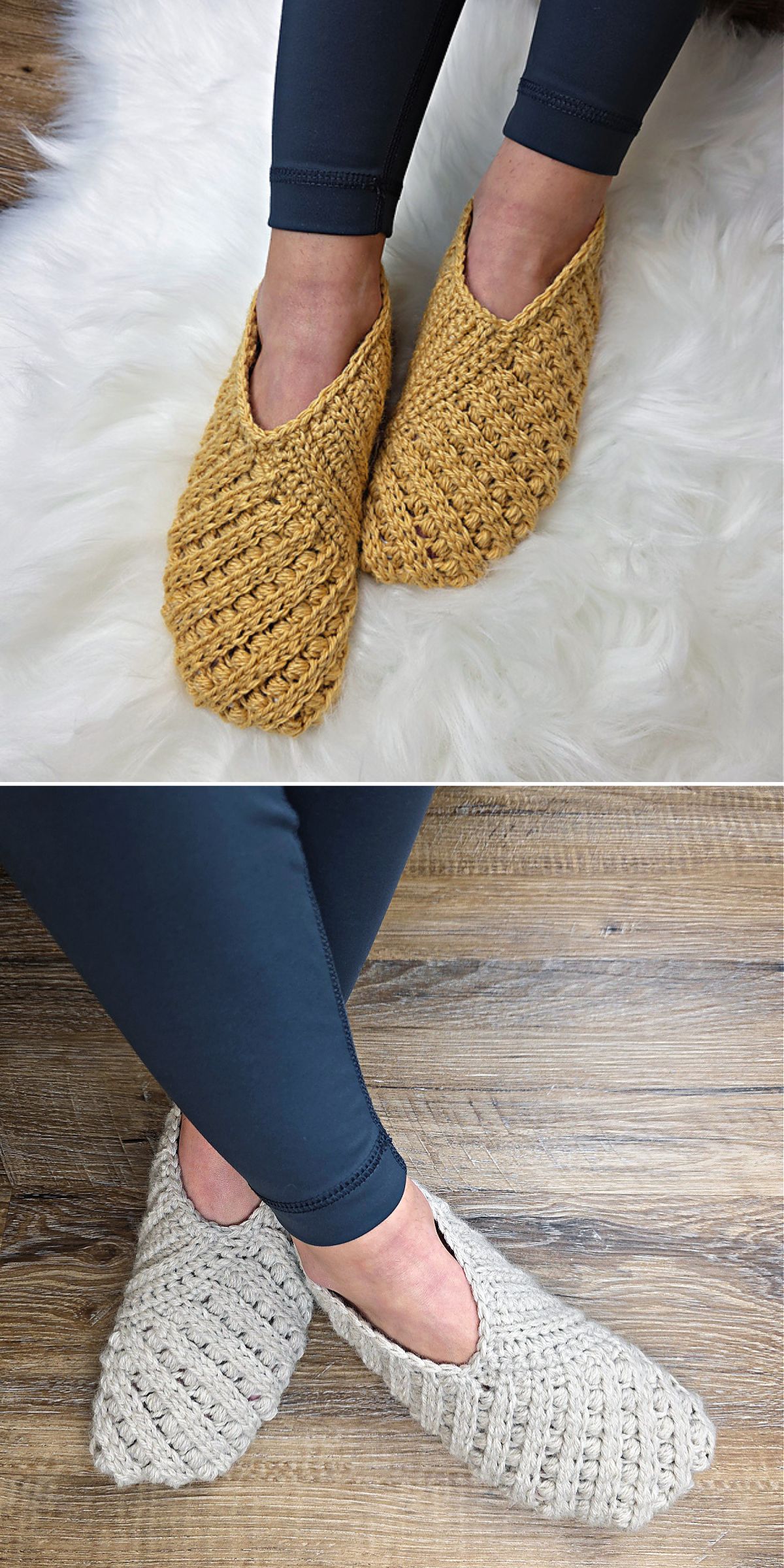 Two images show feet wearing crochet slippers, one pair in mustard yellow on a white rug and the other in light gray on a wooden floor.
