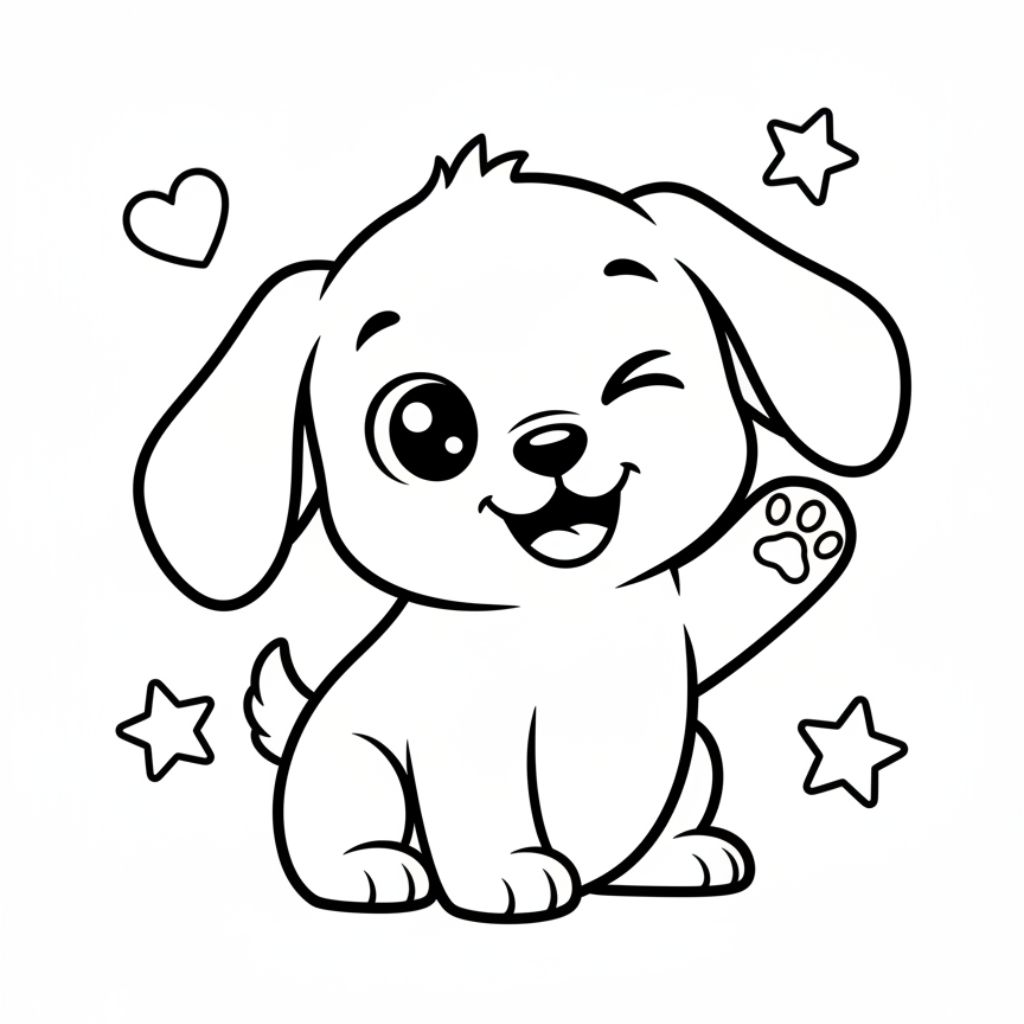 Black and white drawing of a cute puppy winking and raising one paw, surrounded by stars and a heart — a perfect addition to dog coloring pages for kids. Enjoy this free printable for hours of creative fun!