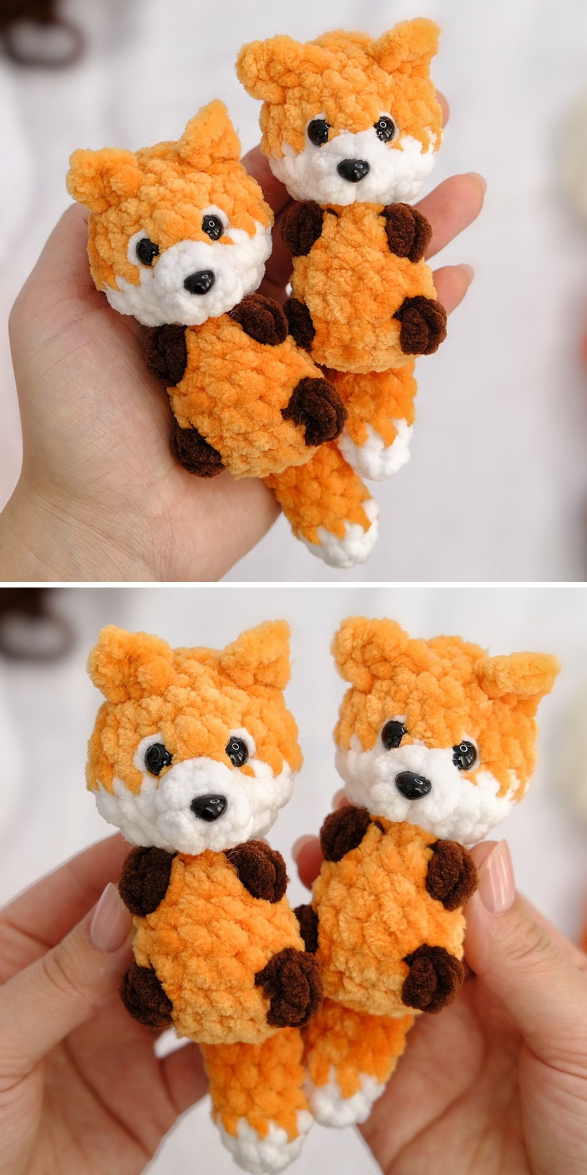 Two photos show a pair of small, hand-held, orange and brown crochet fox plush toys with white accents, being held up for display.