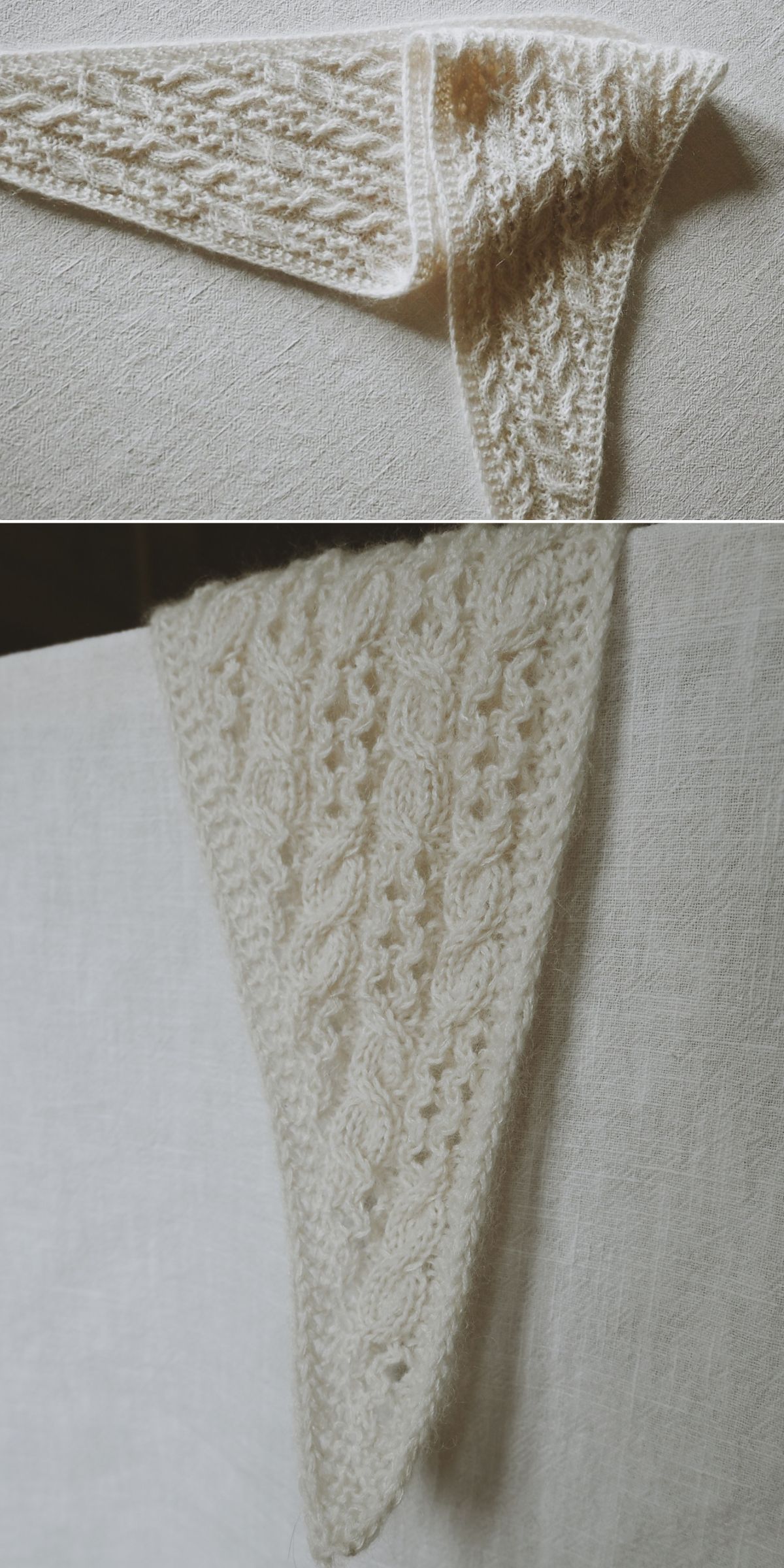 Two images show a cream-colored, hand-knit triangular lace scarf with intricate knitting scarf patterns, displayed flat and draped over a light fabric background.